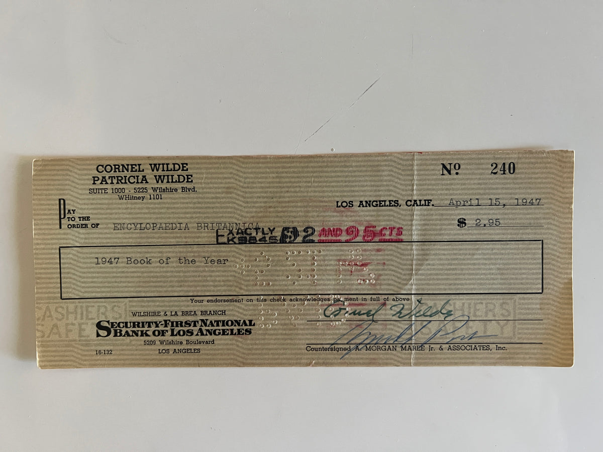 Cornel Wilde signed check