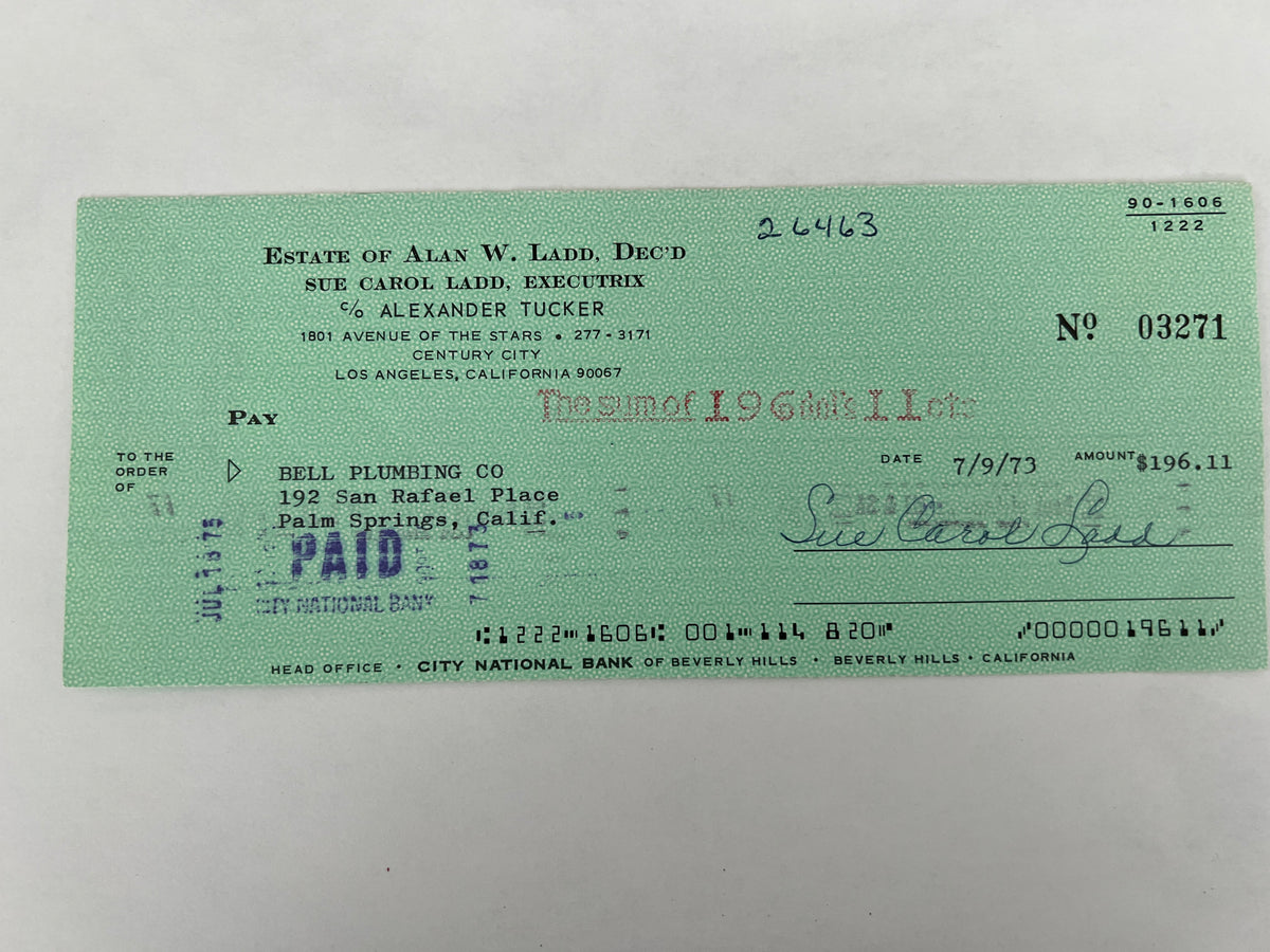 Sue Carol Ladd signed check