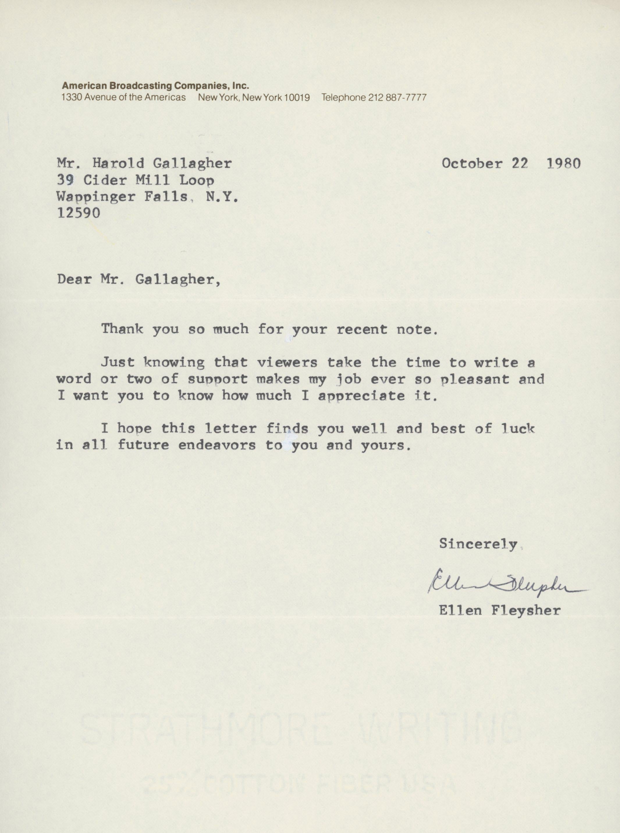 Ellen Fleysher signed letter