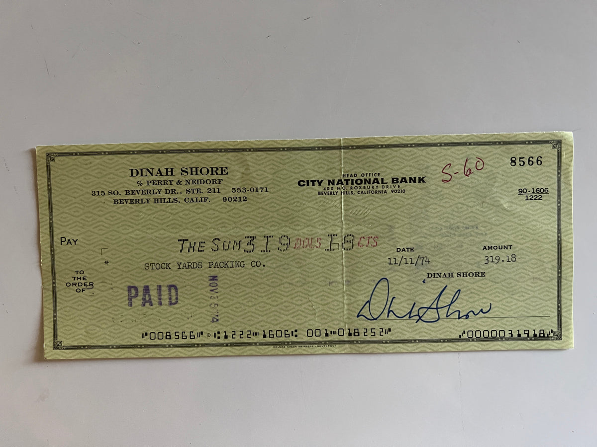 Dinah Shore signed check