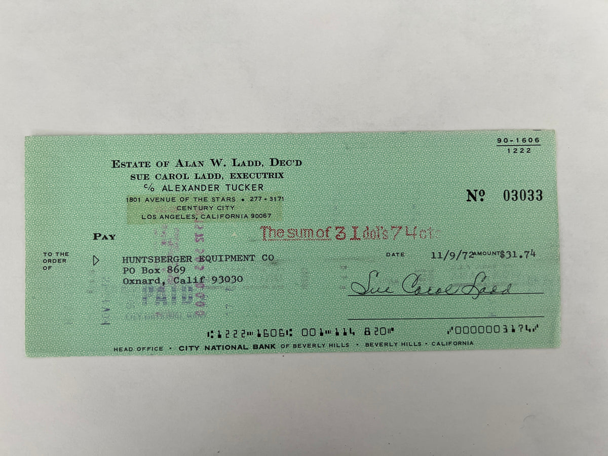 Sue Carol Ladd signed check