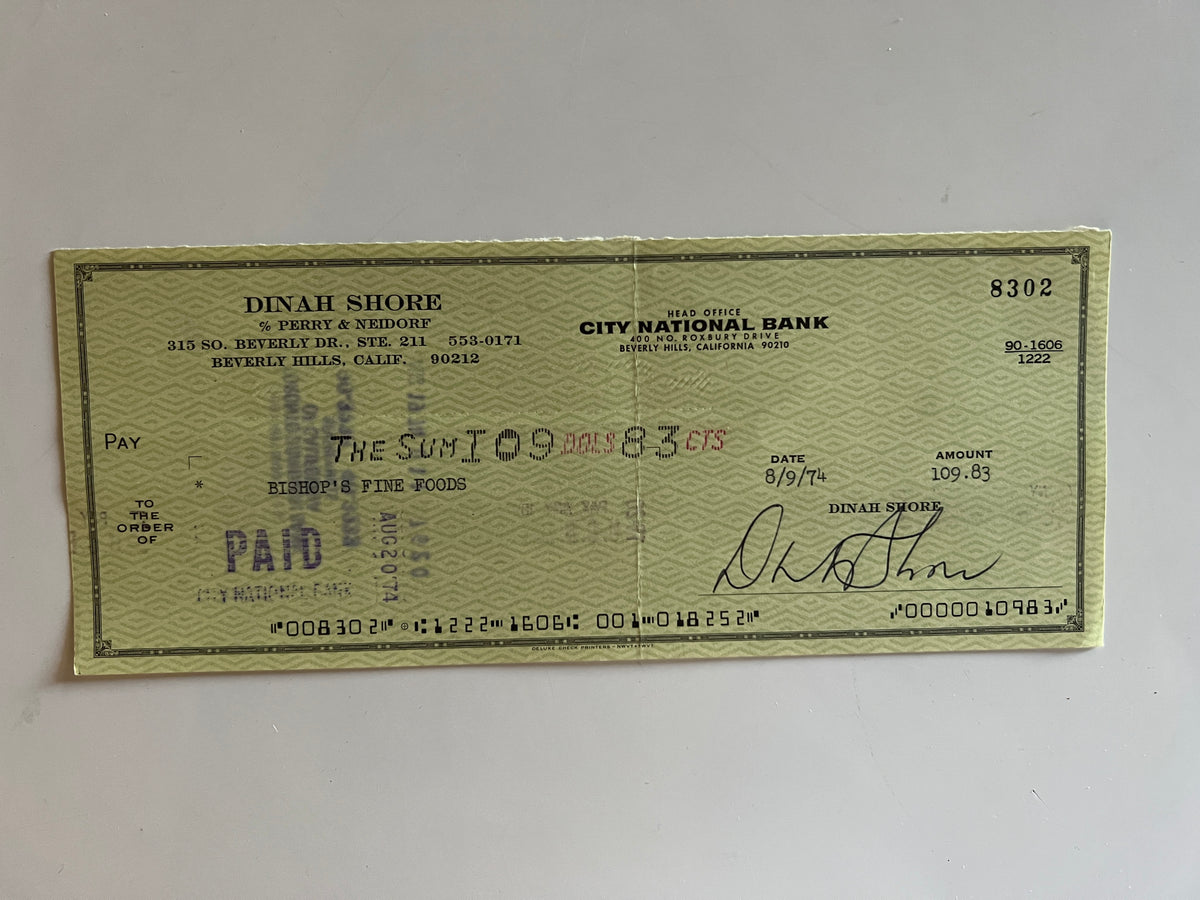 Dinah Shore signed check