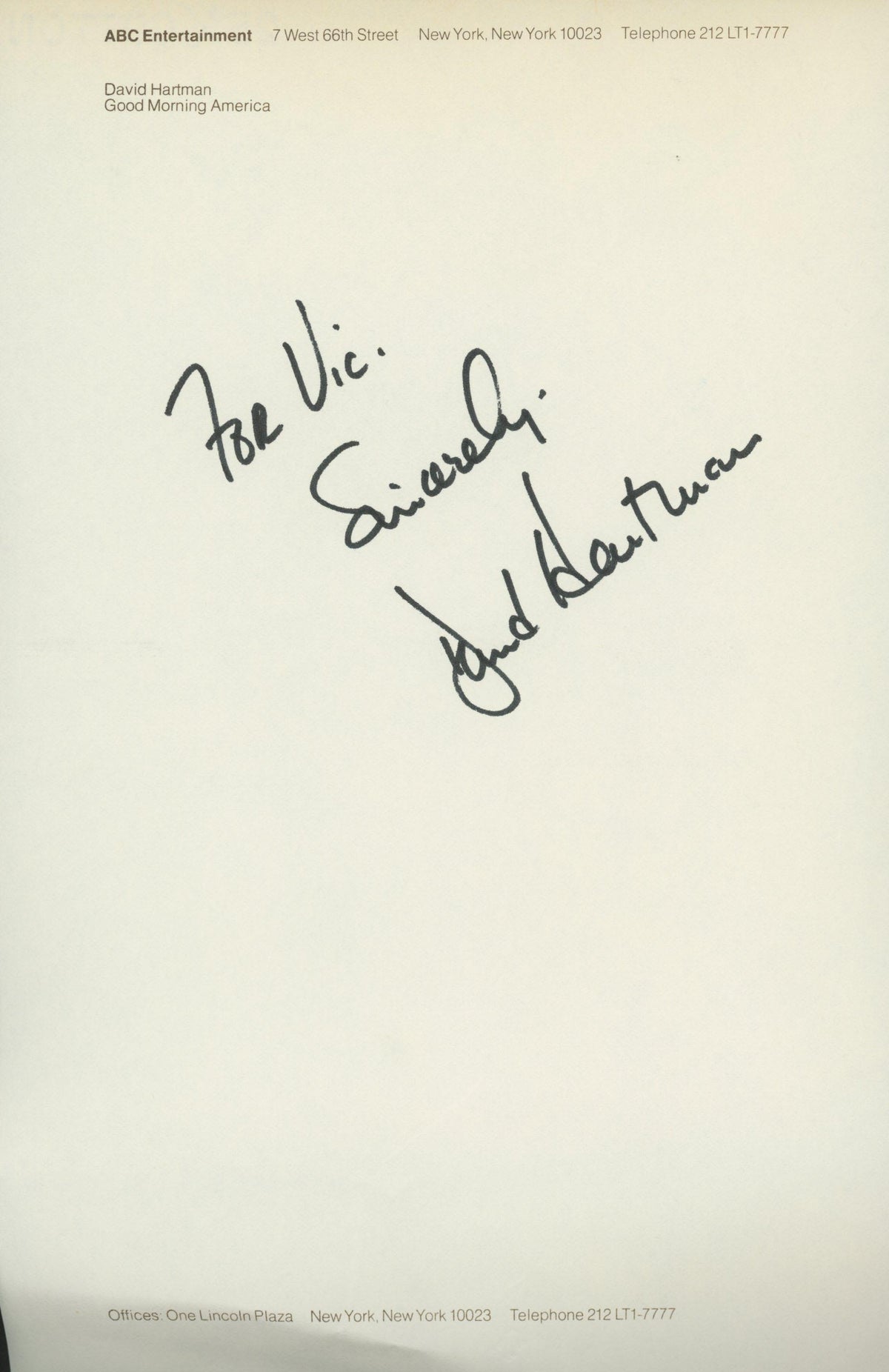 Good Morning America Host David Hartman signed note