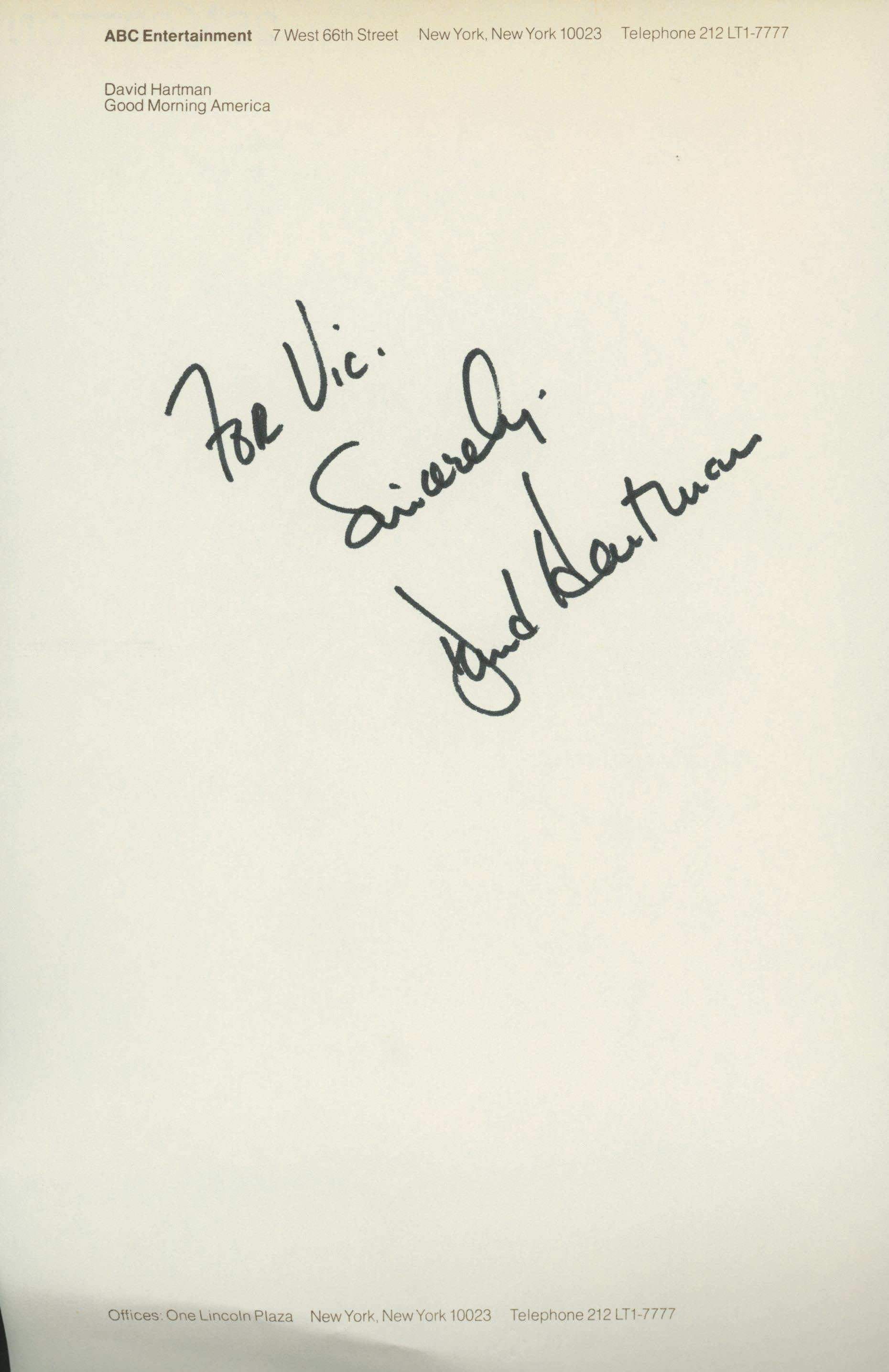 Good Morning America Host David Hartman signed note