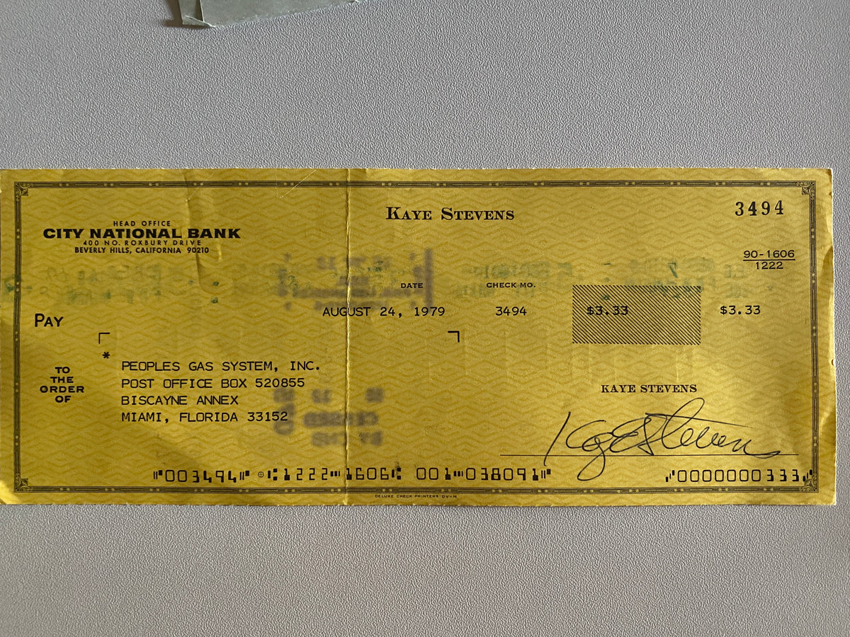 Kaye Stevens signed check