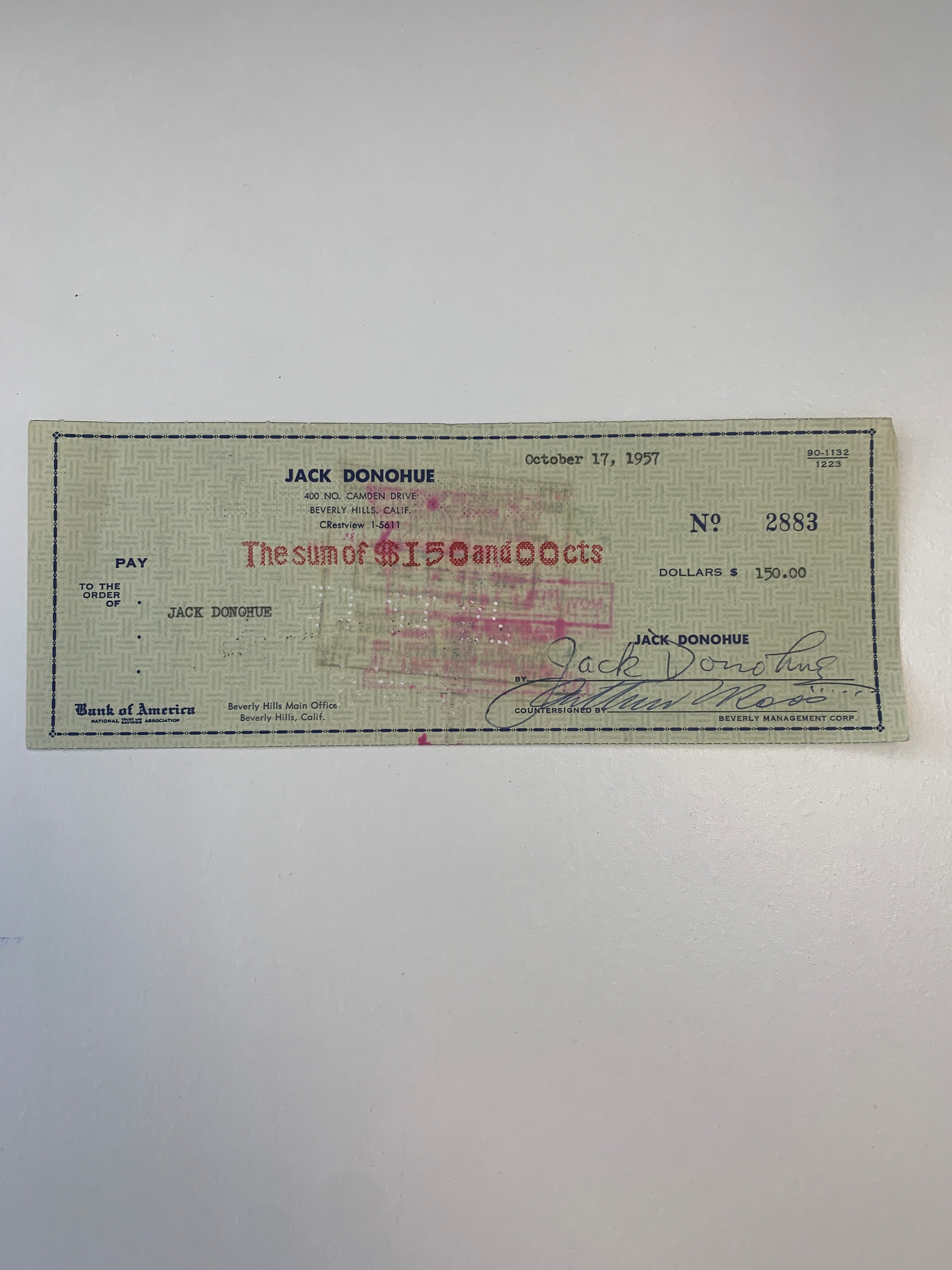 Jack Donohue signed check
