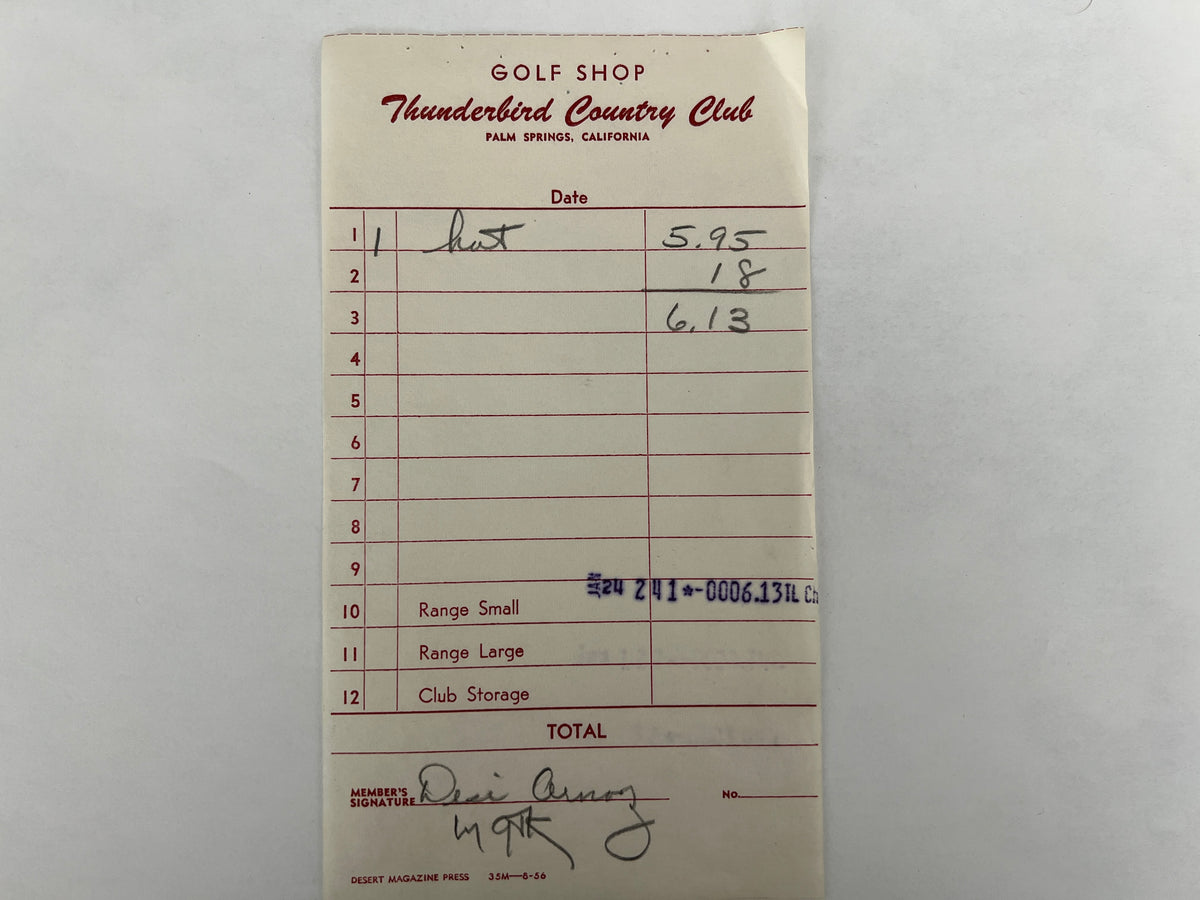 Desi Arnaz signed Thunderbird Country Club Receipt