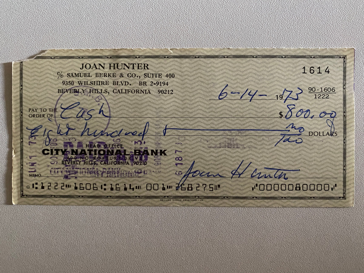 Joan Hunter signed check