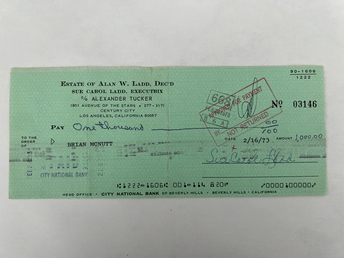 Sue Carol Ladd signed check