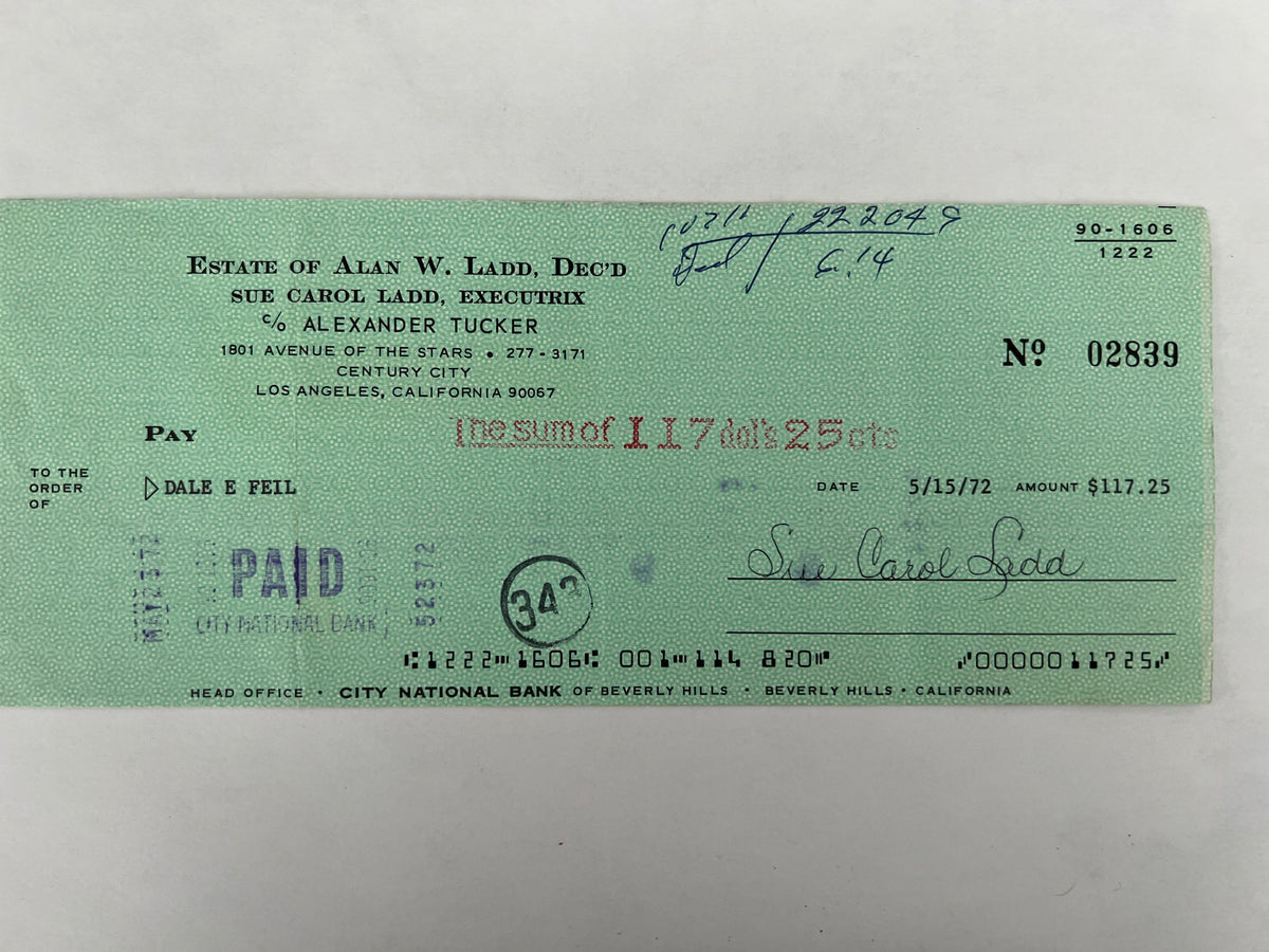 Sue Carol Ladd signed check