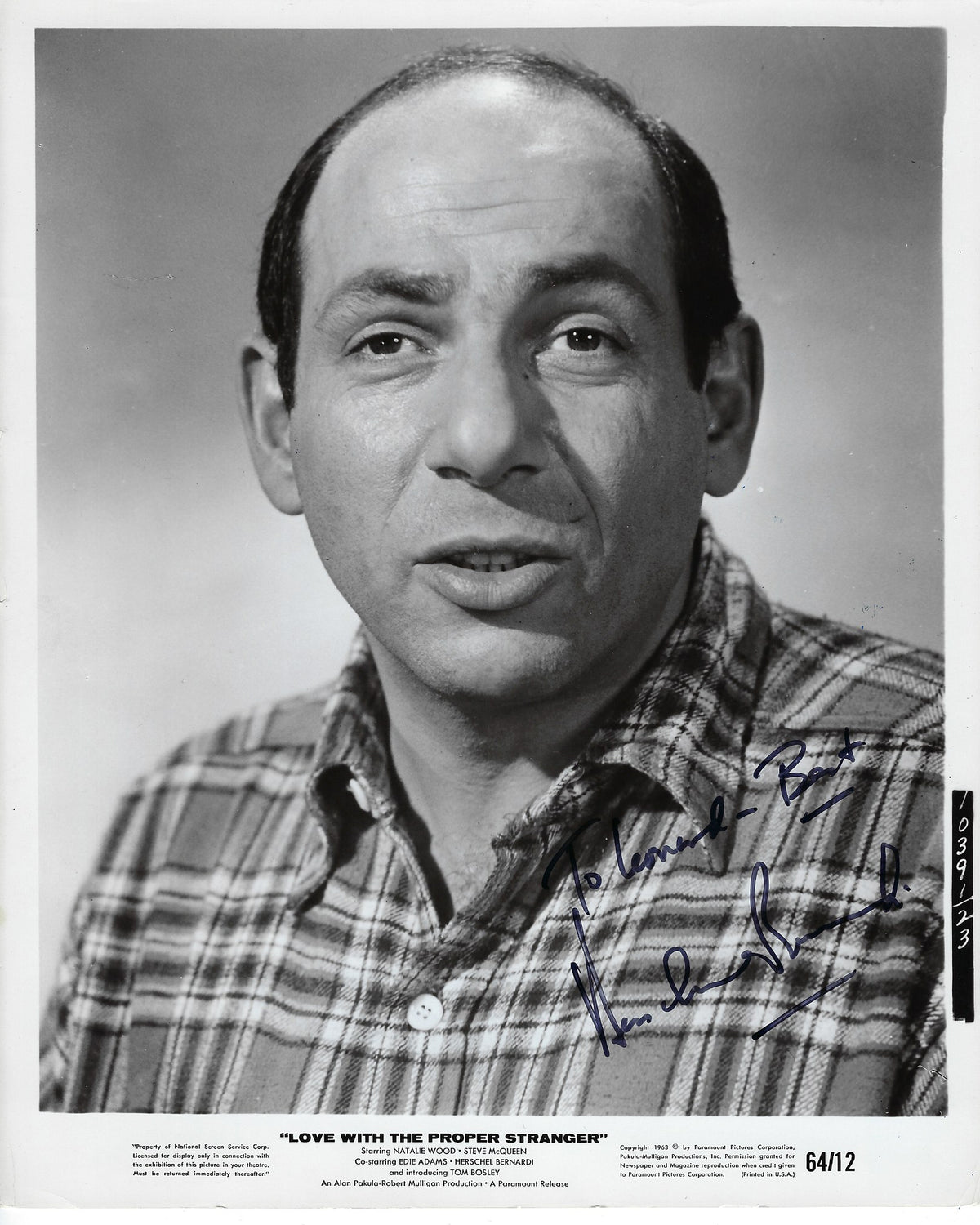 Love With The Proper Stranger Herschel Bernardi Signed Photo