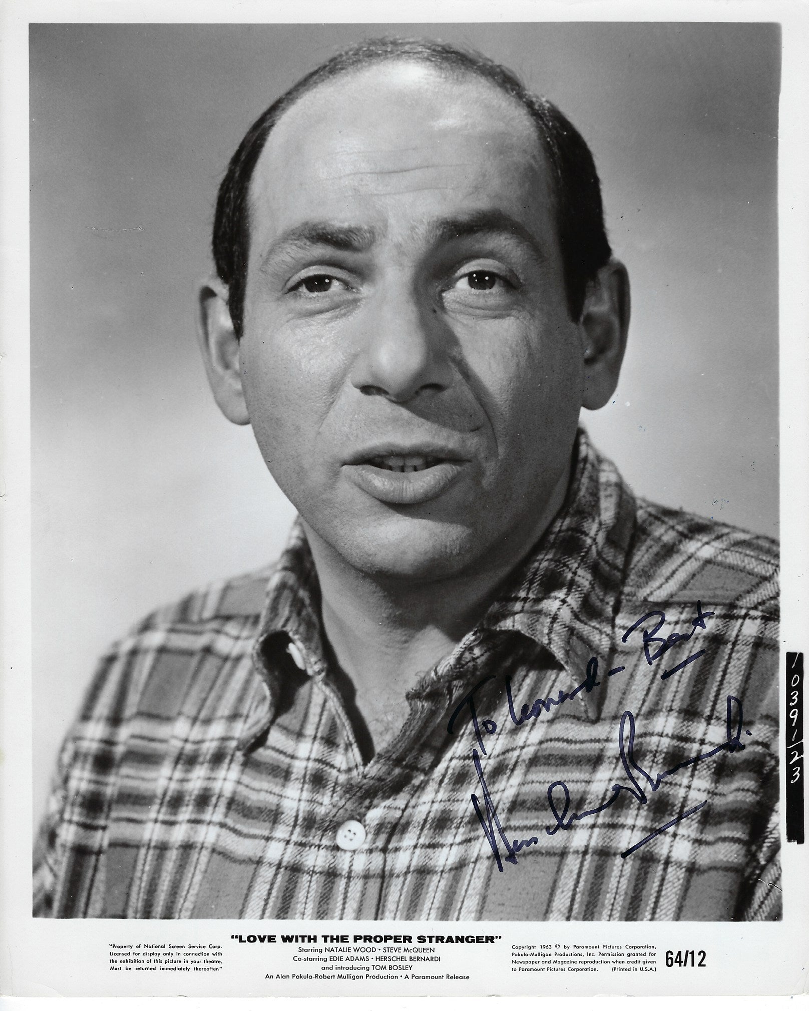 Love With The Proper Stranger Herschel Bernardi Signed Photo