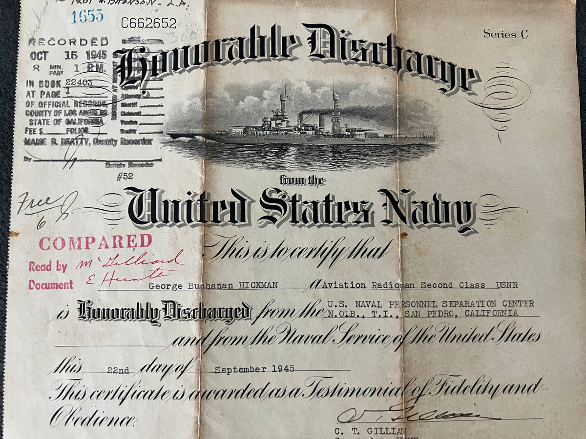 1945 United States Navy Honorable Discharge Certificate