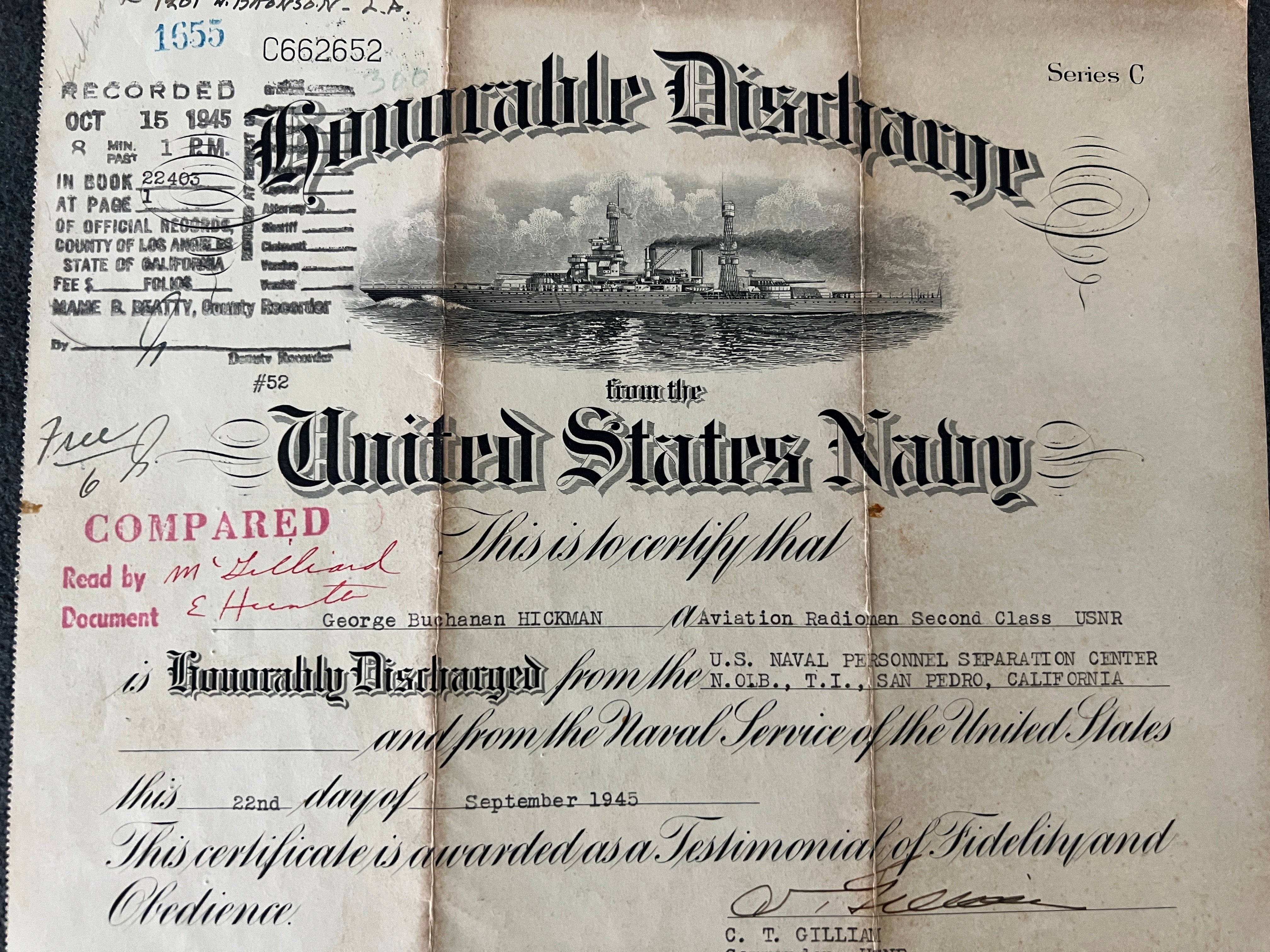 1945 United States Navy Honorable Discharge Certificate