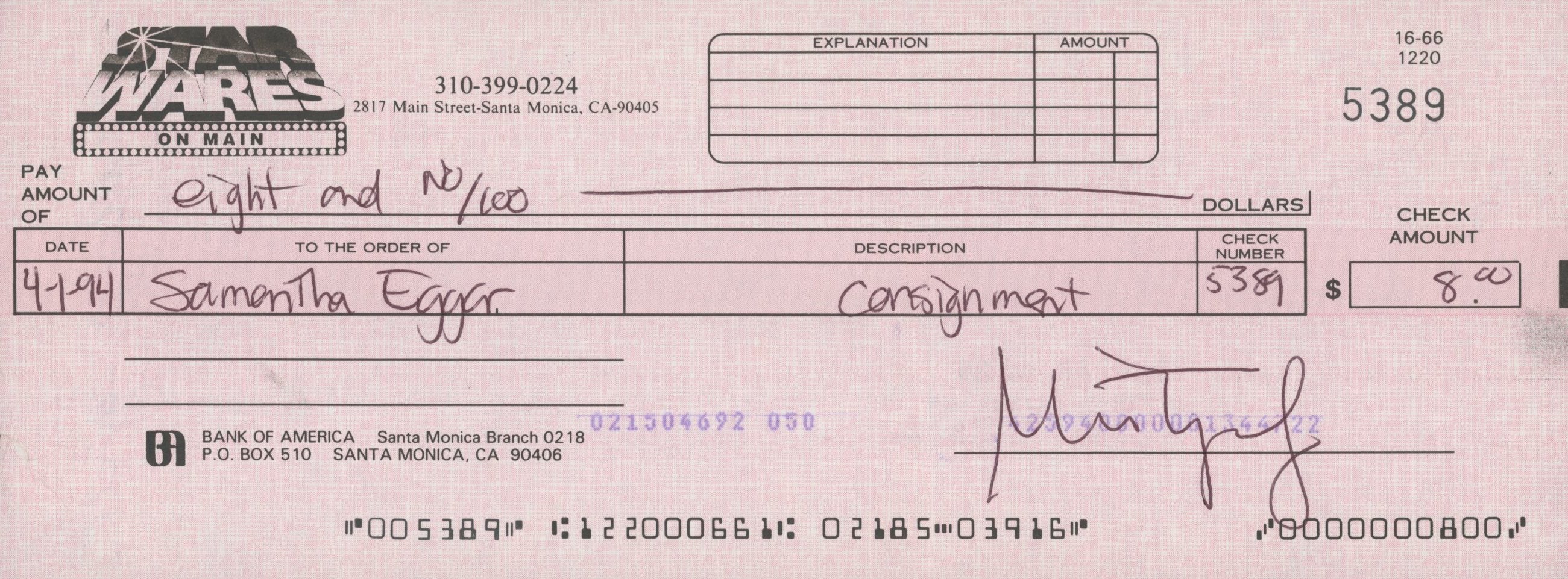 Samantha Eggar signed check
