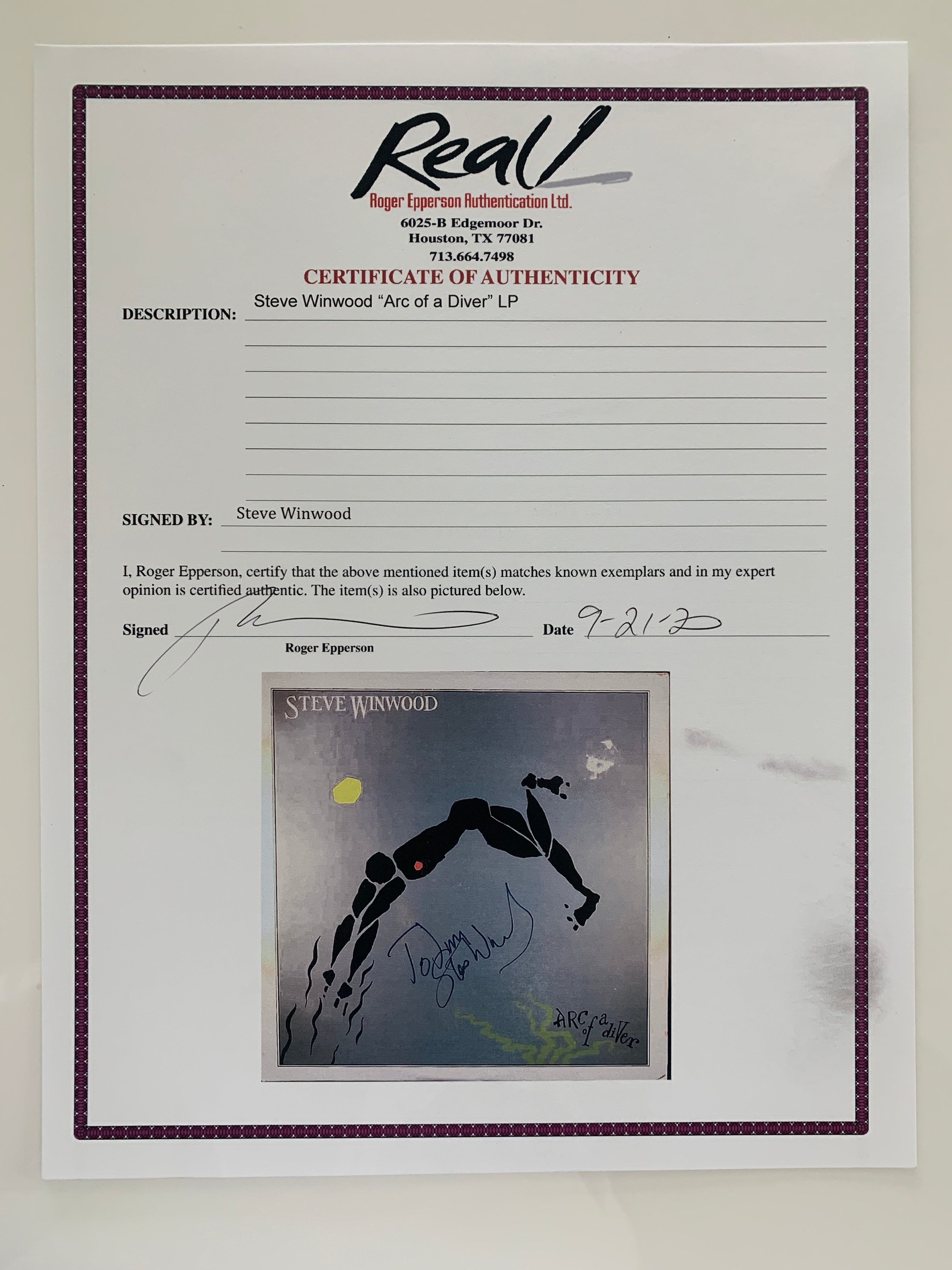 Steve Winwood Arc of a Diver signed album