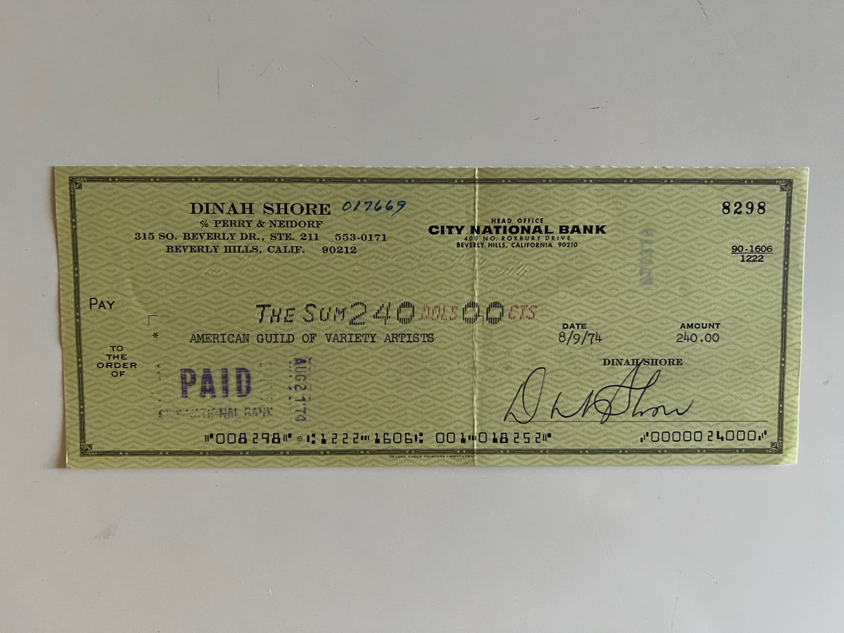 Dinah Shore signed check