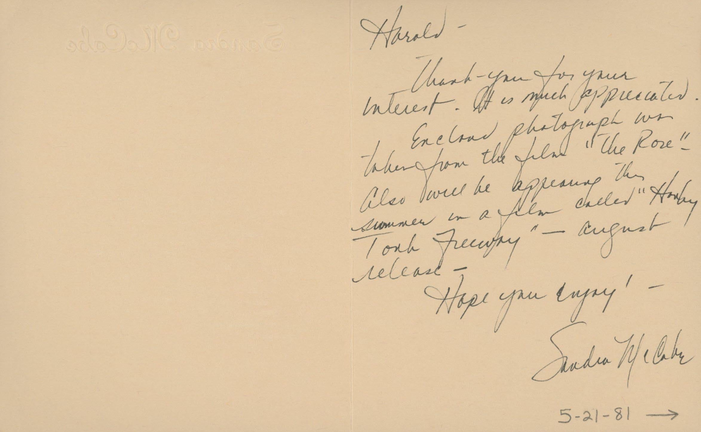 The Rose Sandra McCabe  signed letter