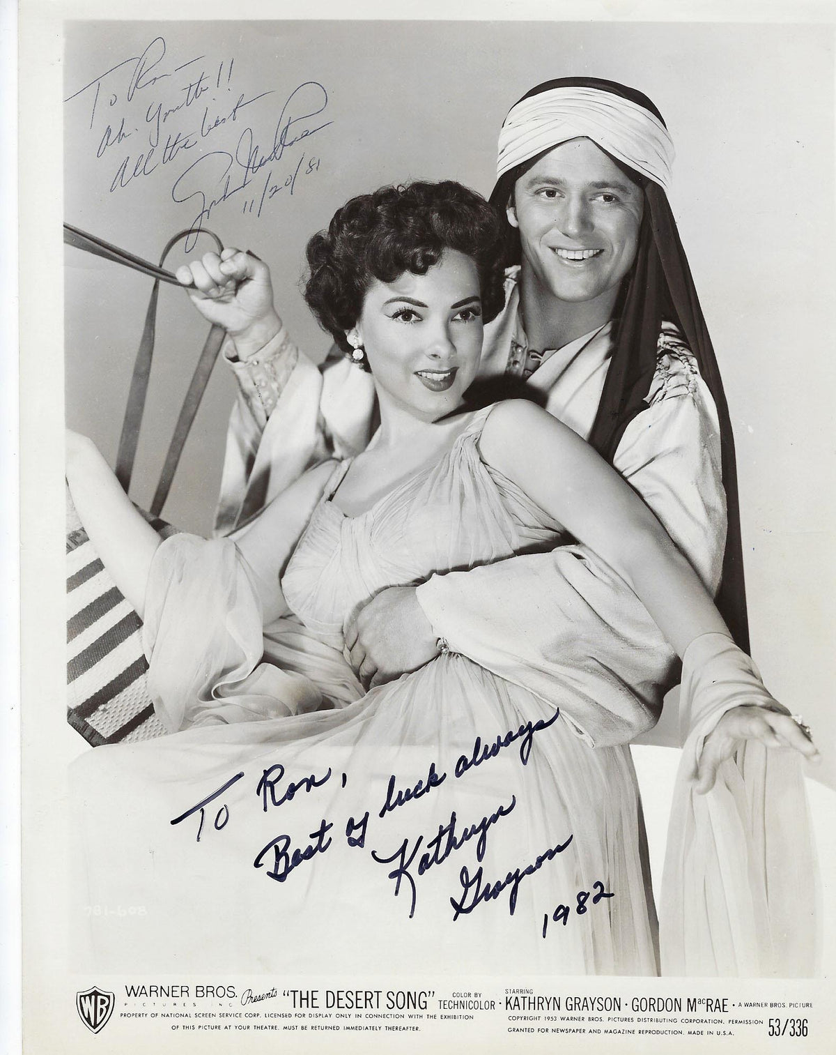 The Desert Song 	Kathryn Grayson and
Gordon MacRae signed movie photo