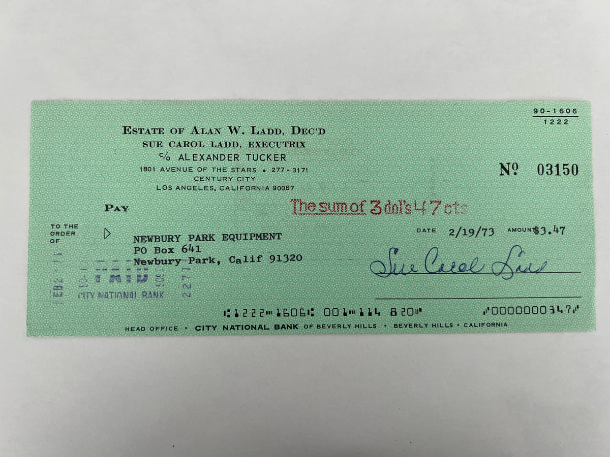 Sue Carol Ladd signed check