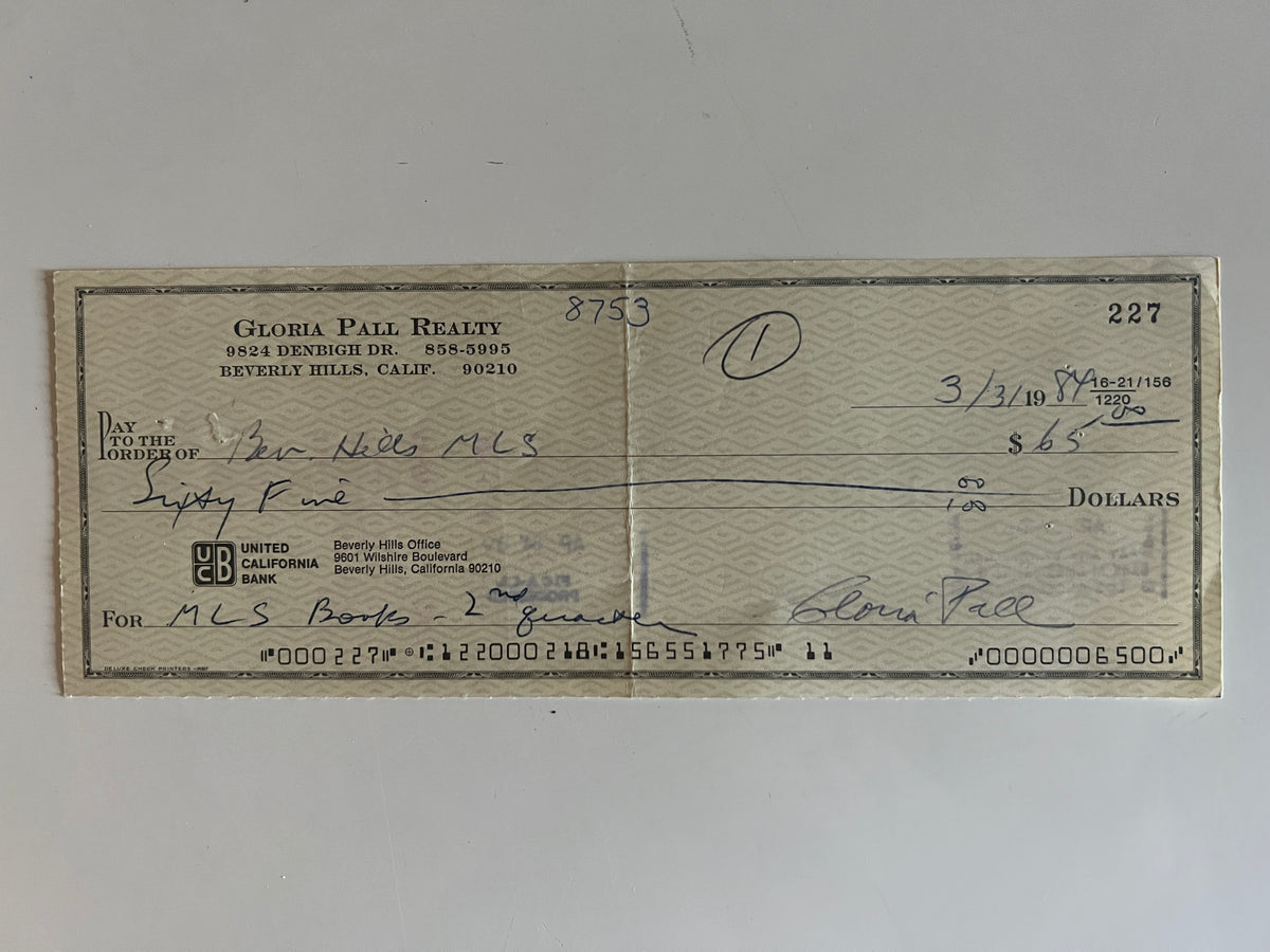 Gloria Pall signed check