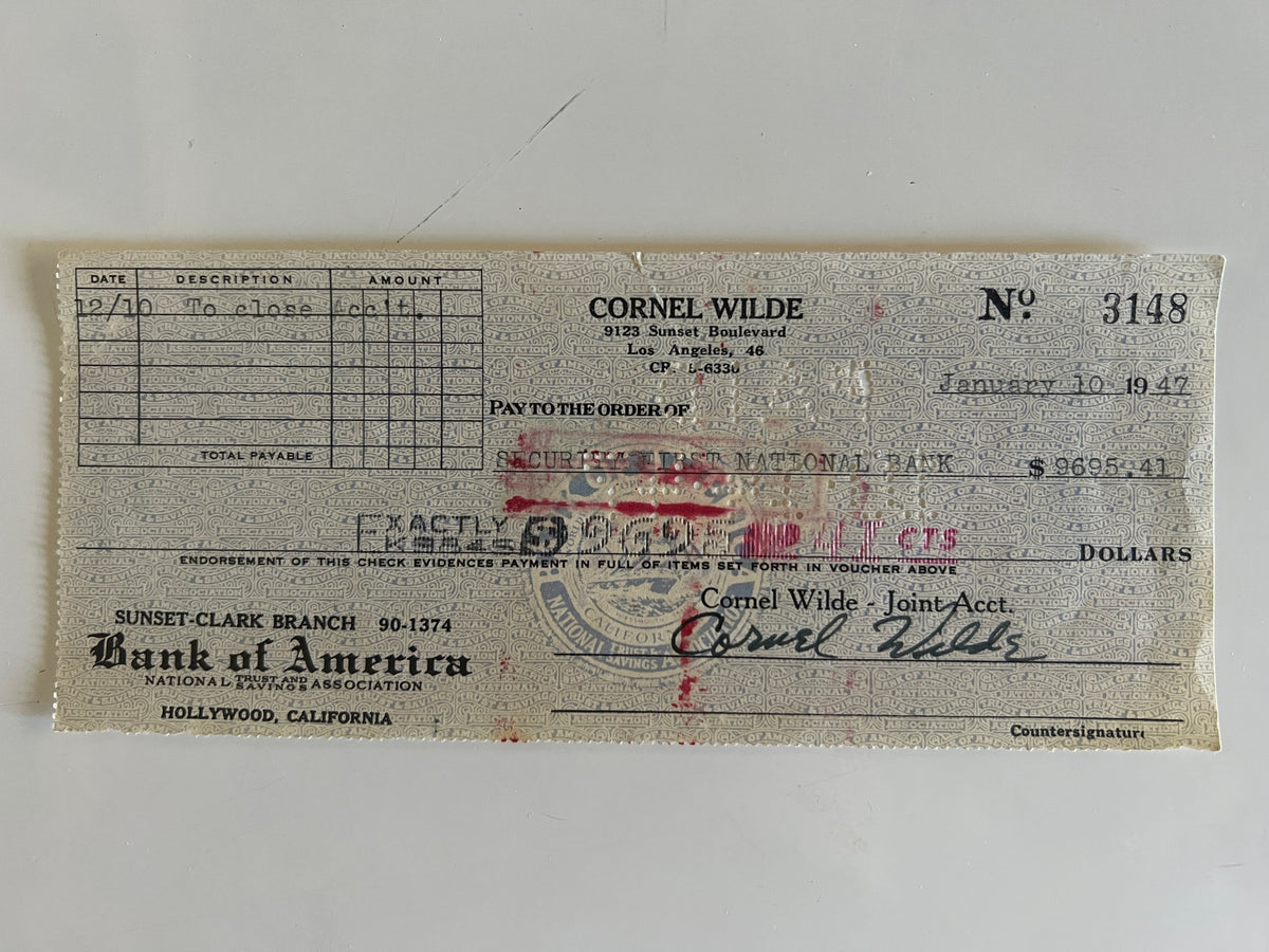 Cornel Wilde signed check