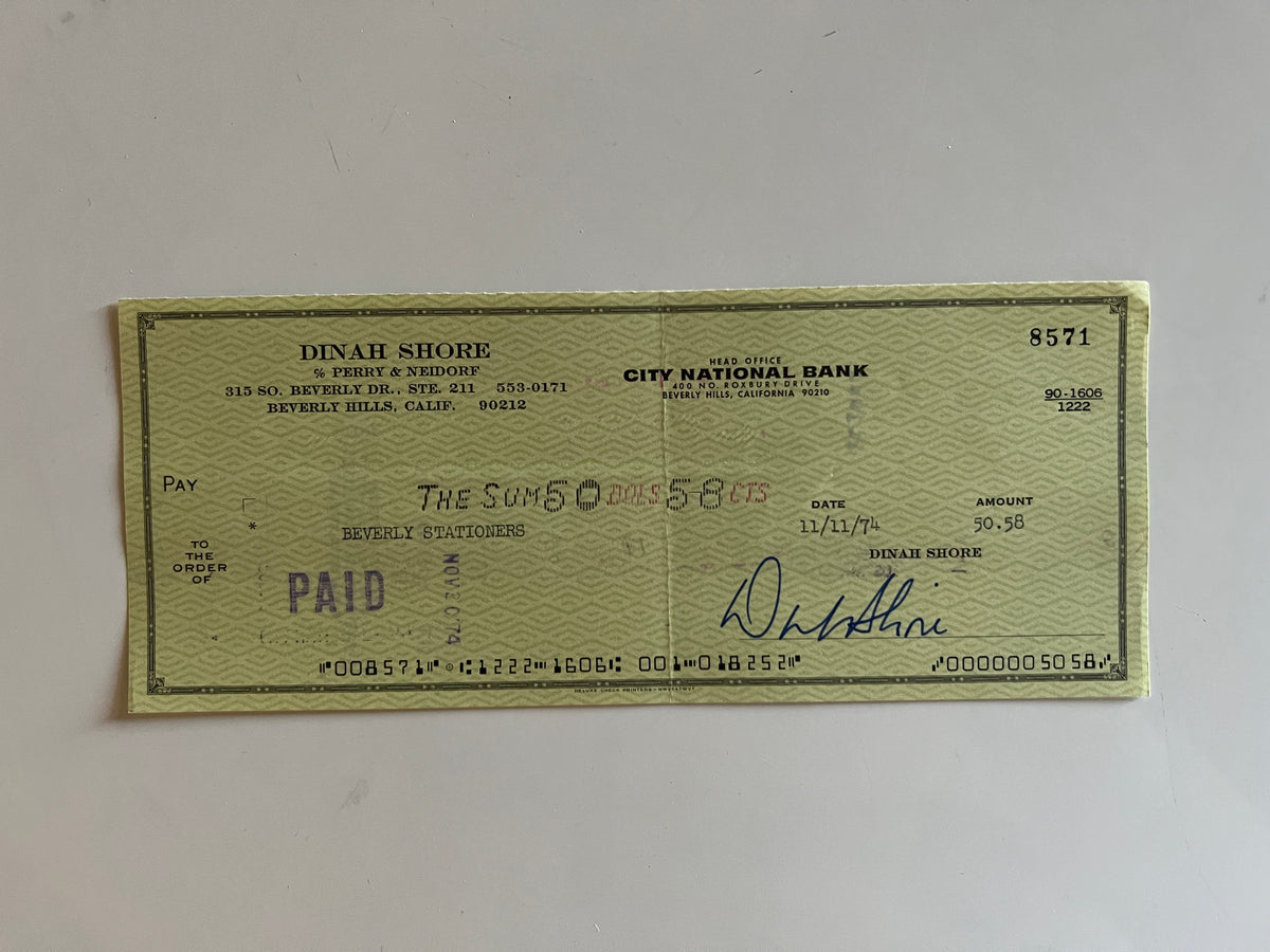 Dinah Shore signed check
