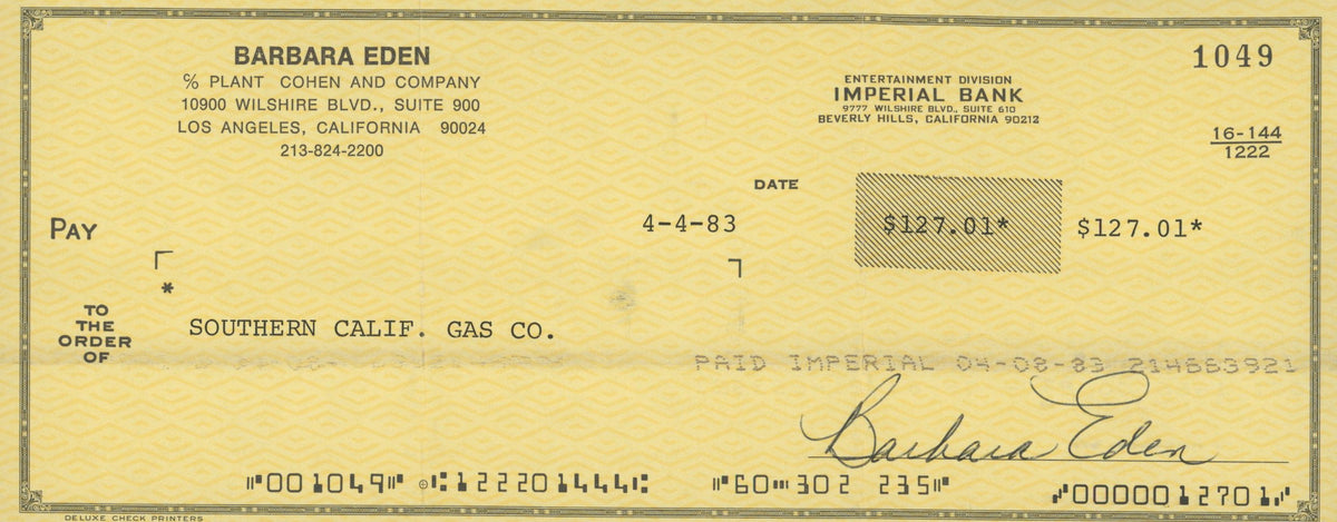 Barbara Eden I Dream of Jeanie
 signed check