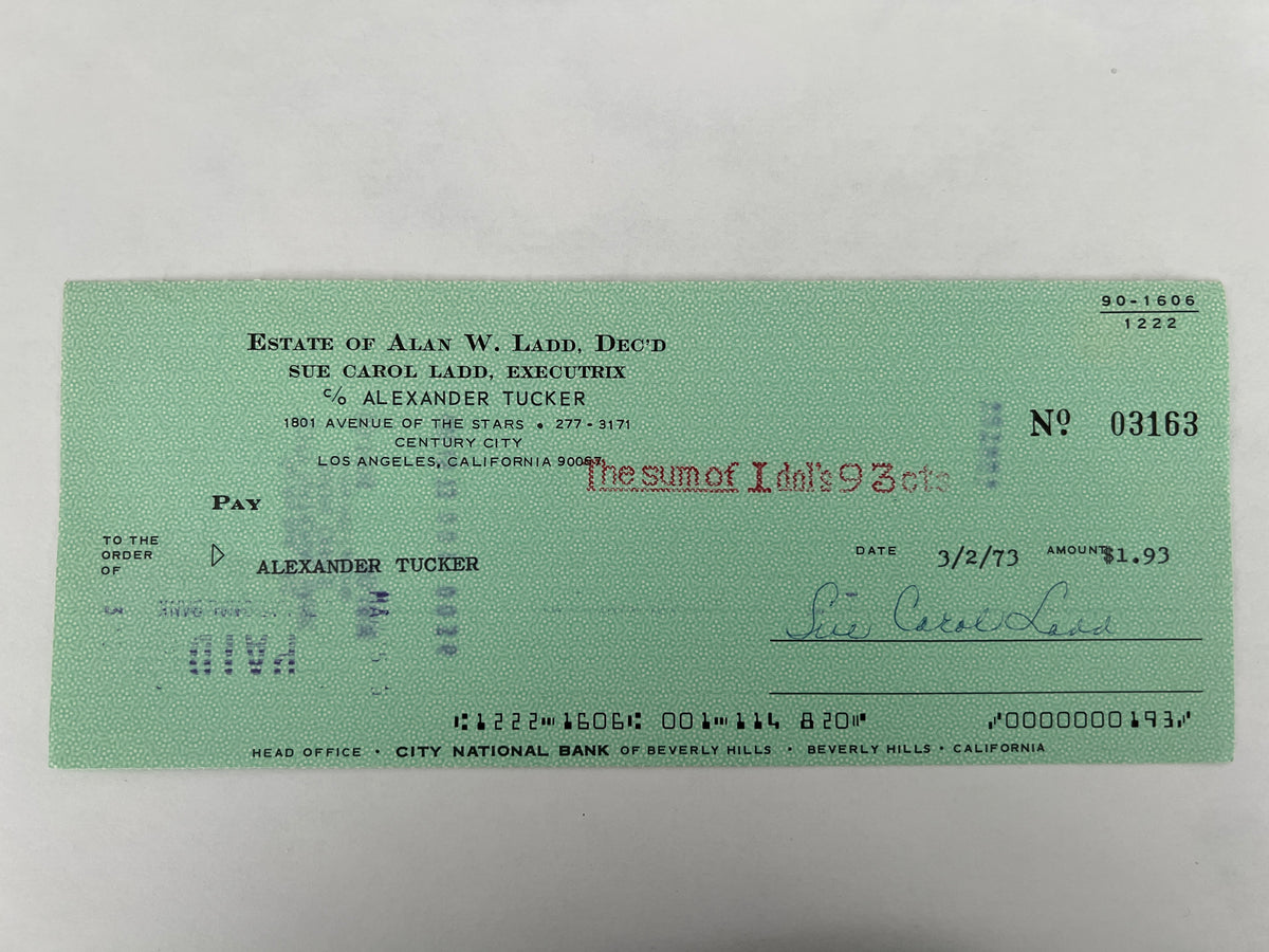 Sue Carol Ladd signed check