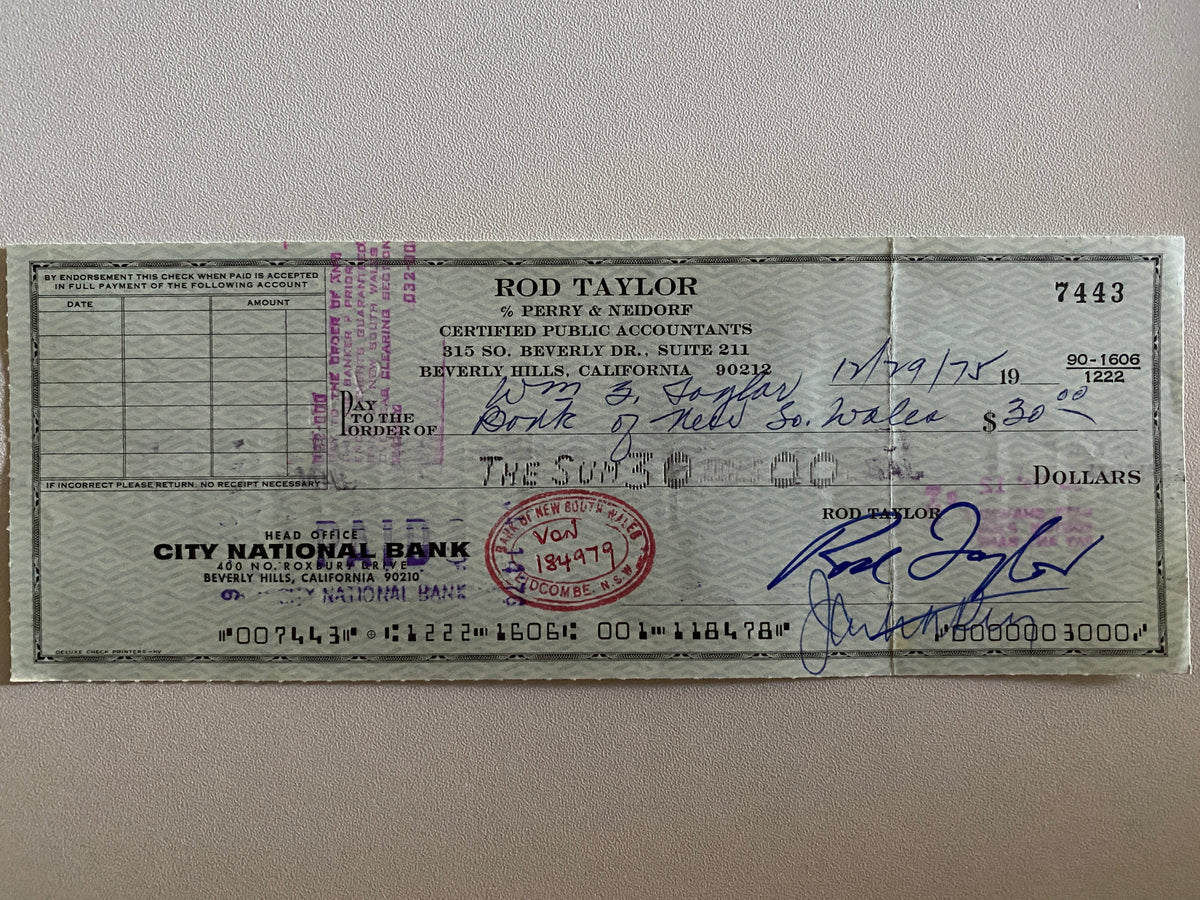 Rod Taylor signed check
