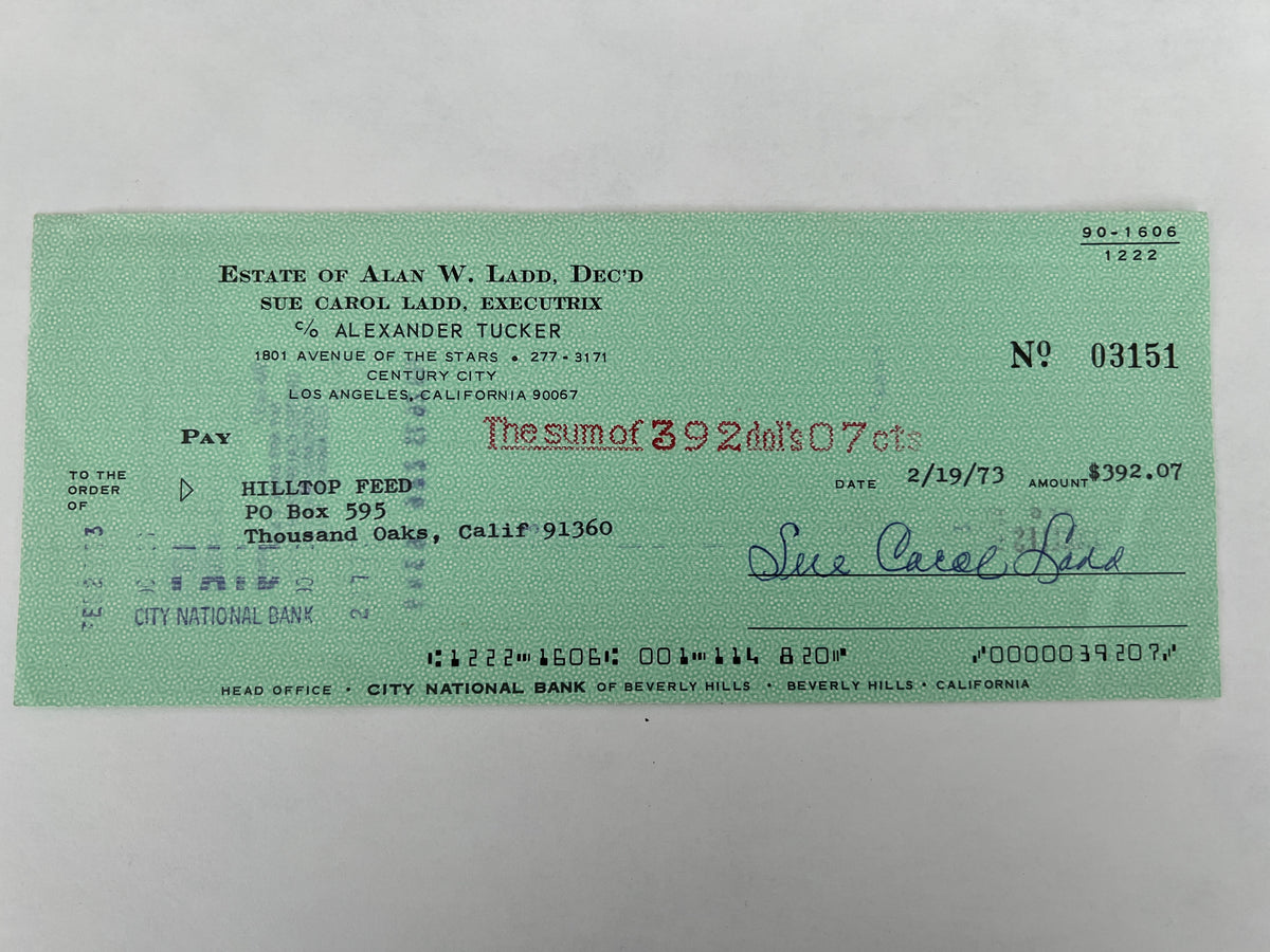 Sue Carol Ladd signed check