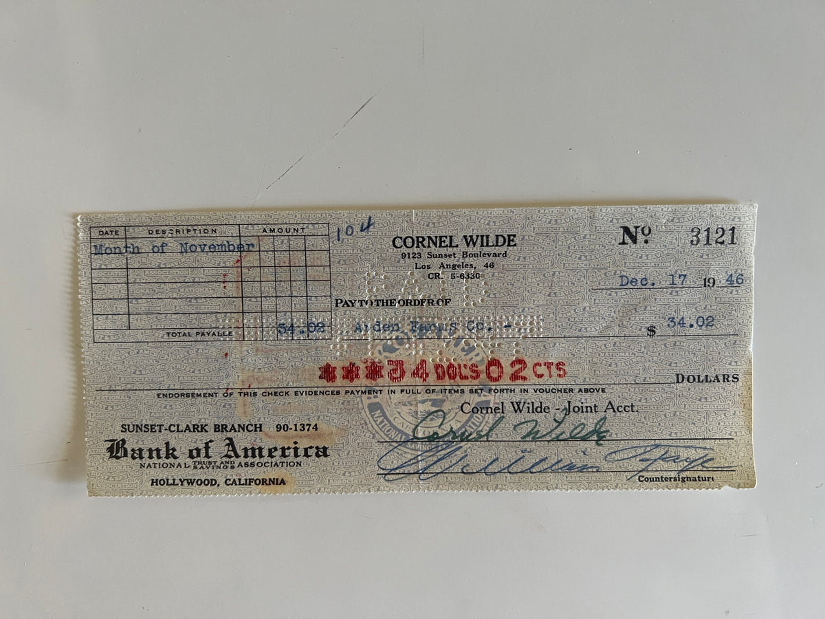 Cornel Wilde signed check