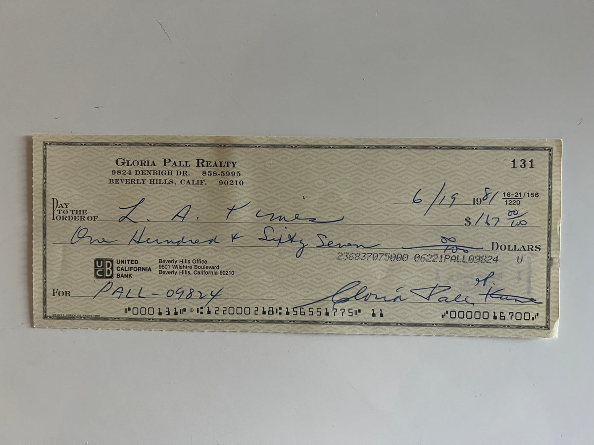 Gloria Pall signed check
