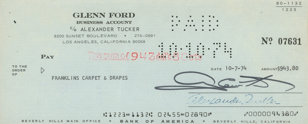 Glenn Ford signed check