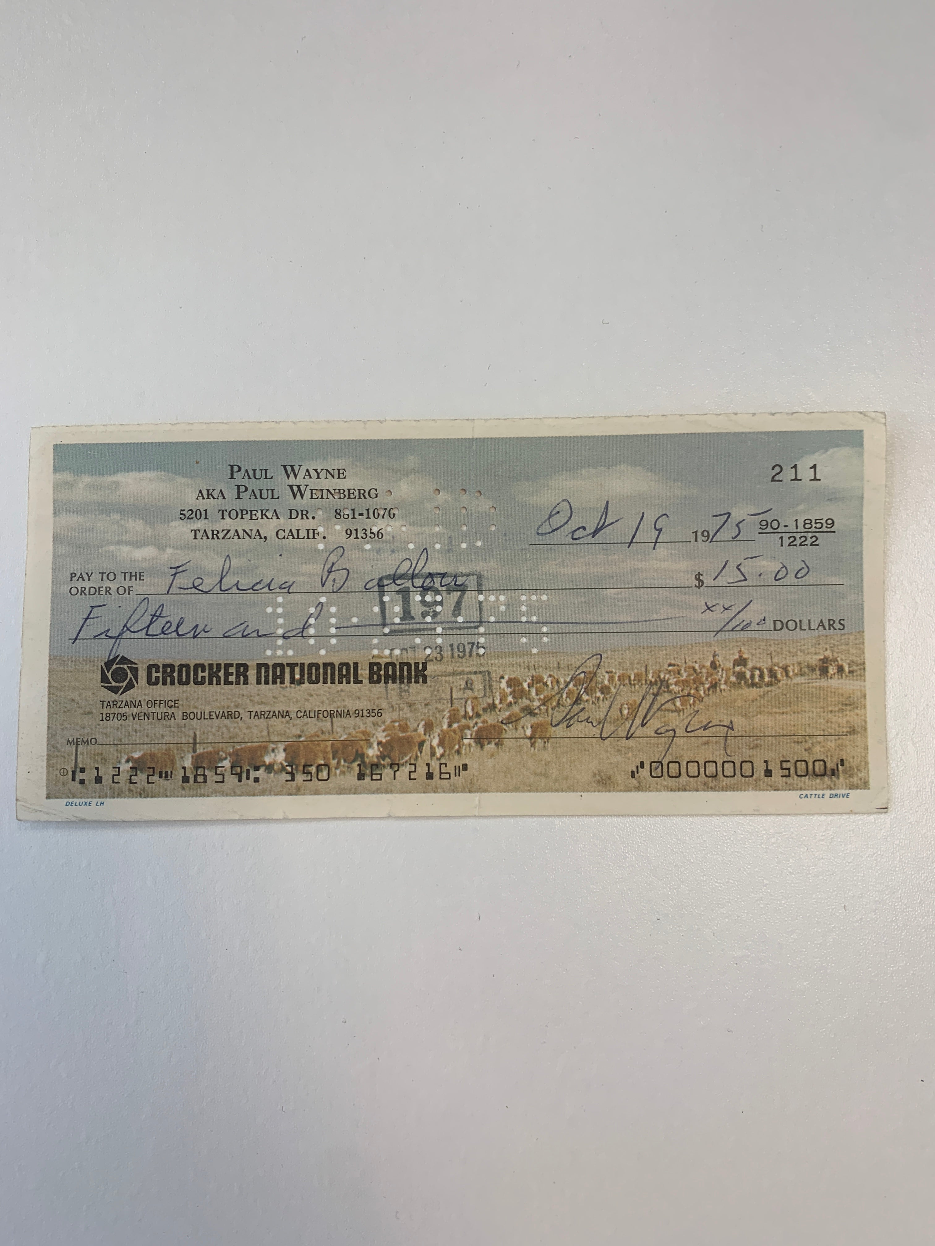 Threes Company Paul Wayne signed check