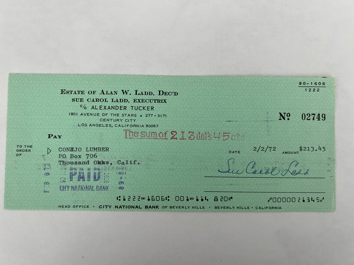 Sue Carol Ladd signed check