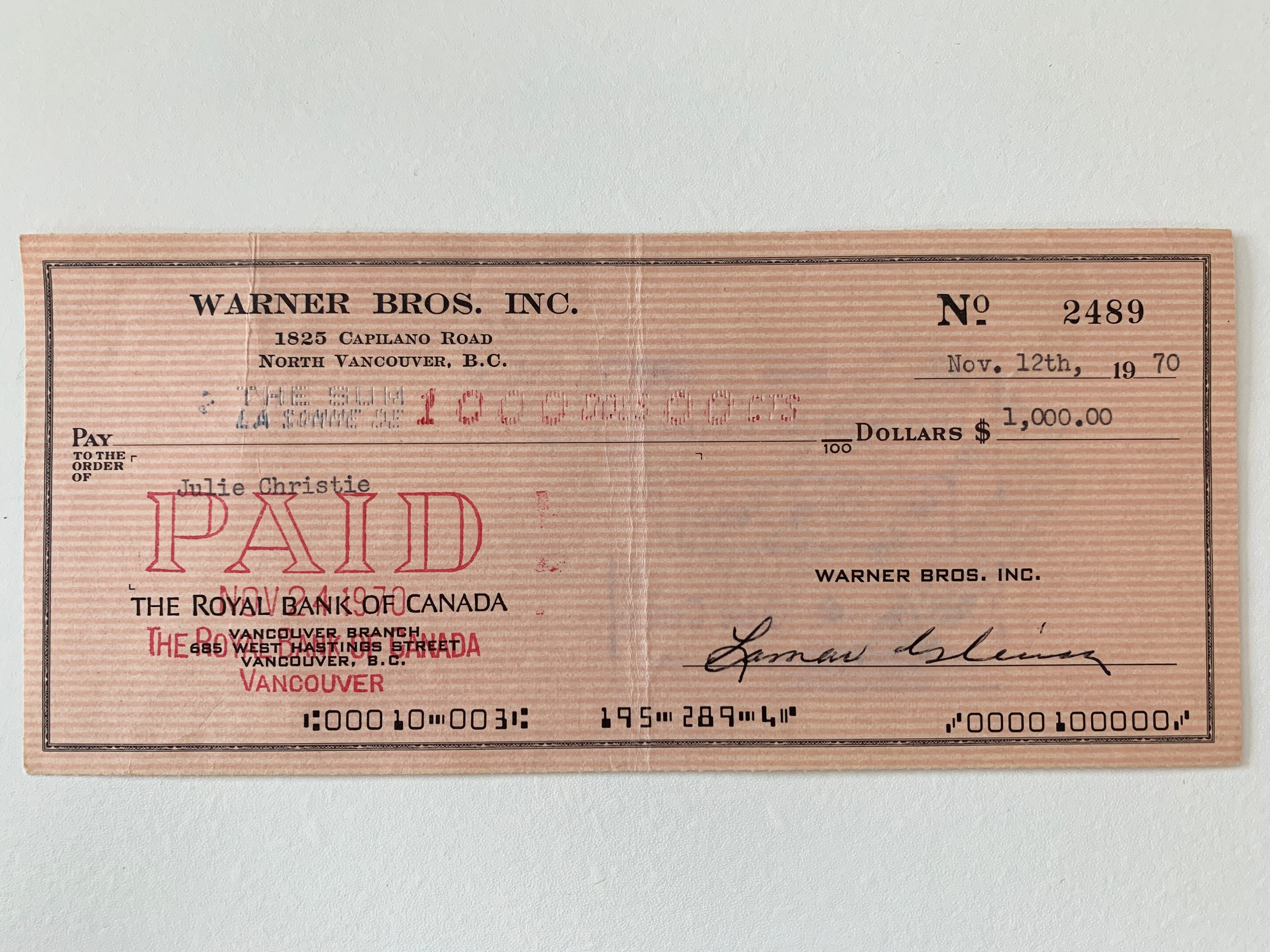 Doctor Zhivago Julie Christie signed check