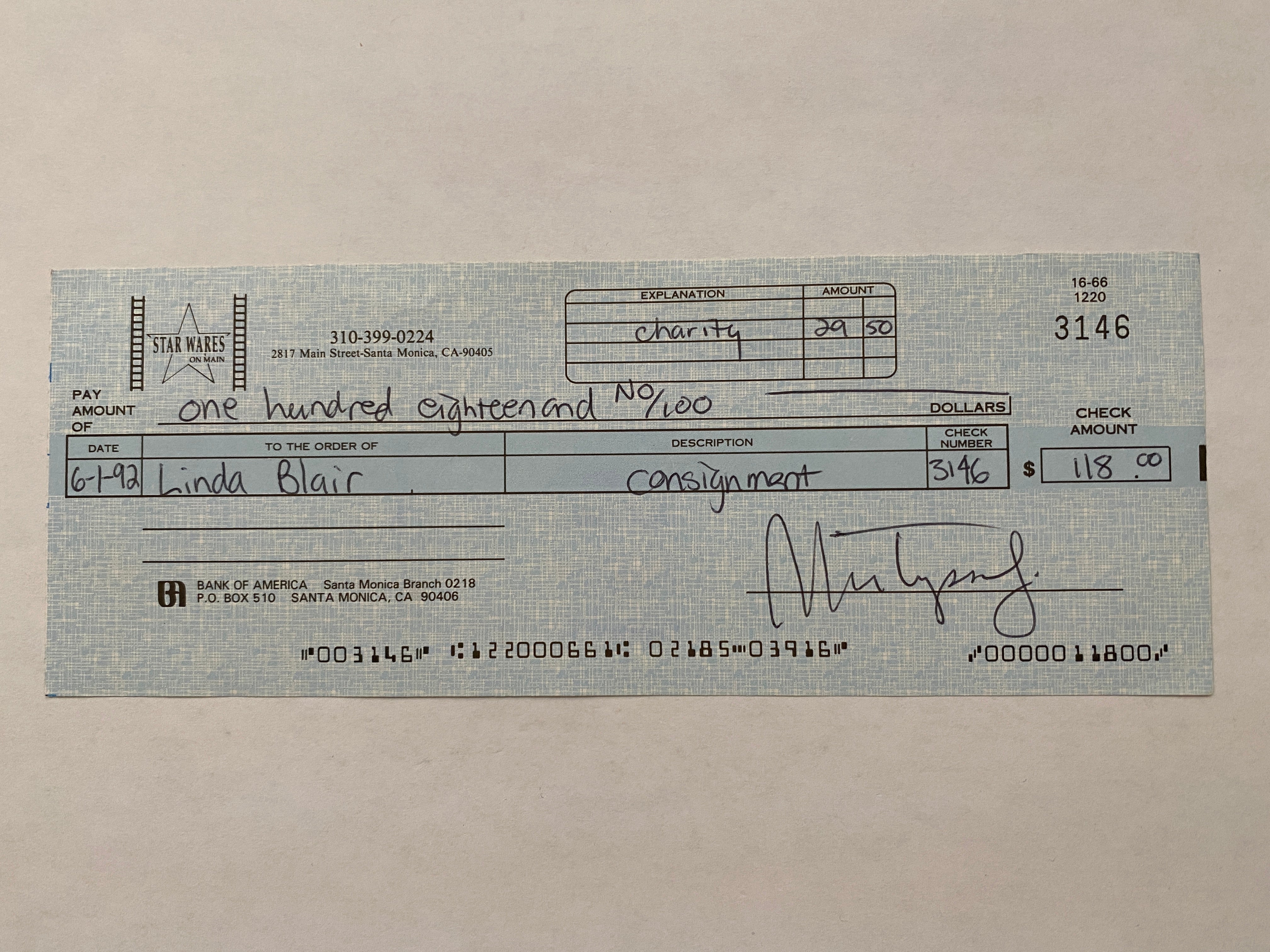 Linda Blair Star Wares consignment signed check