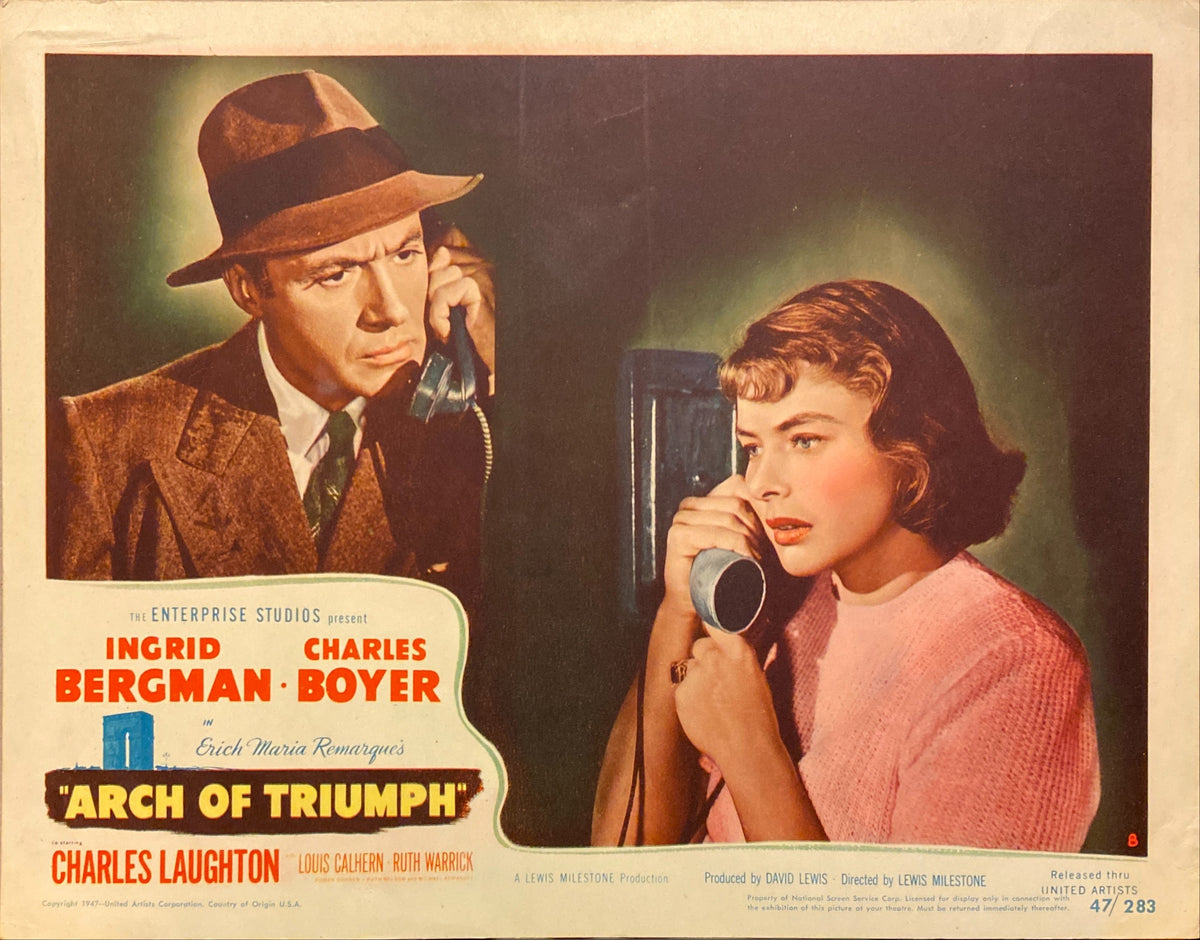 Ingrid Bergman, Charles Boyer, and Charles Laughton "Arch of Triumph" original Lobby Card