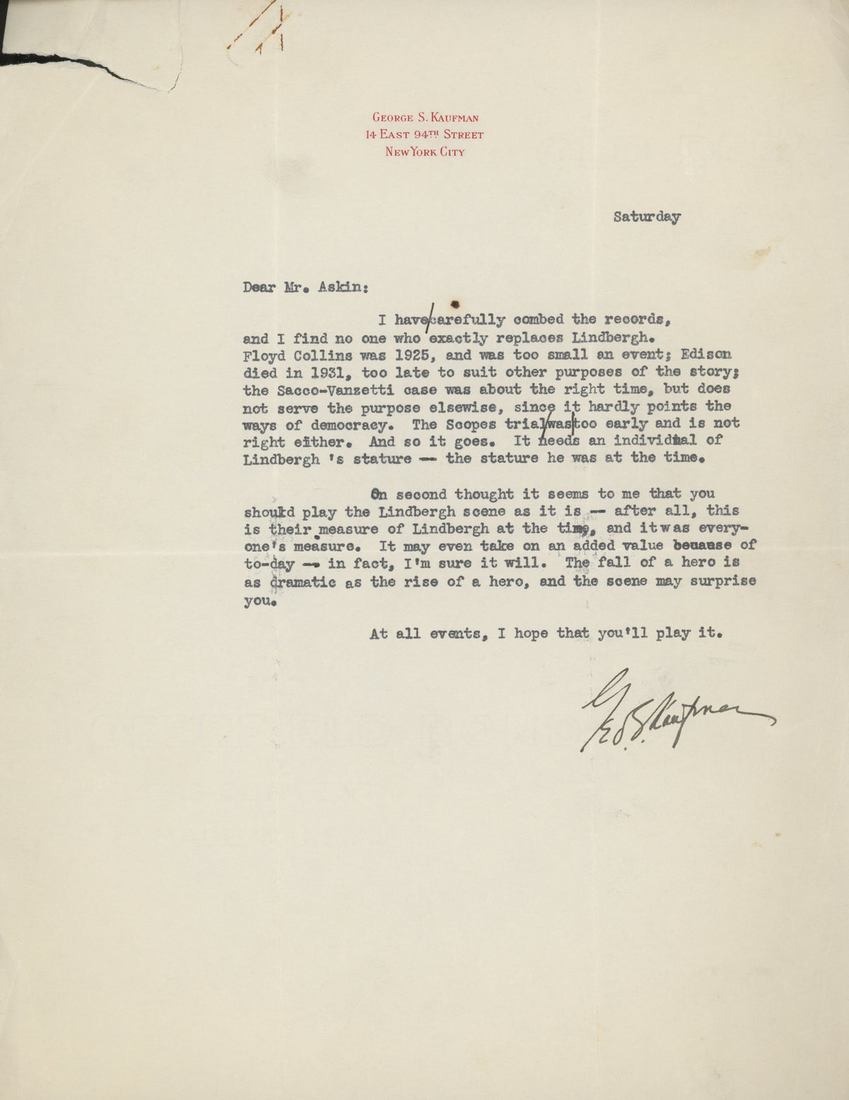 George S. Kaufman signed letter