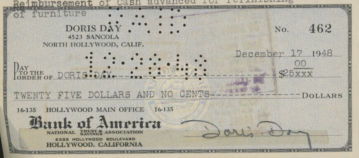Pillow Talk Doris Day signed check