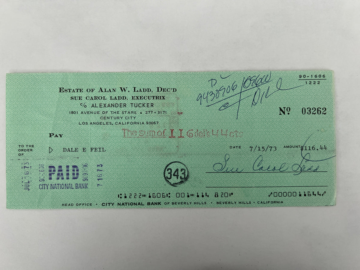 Sue Carol Ladd signed check