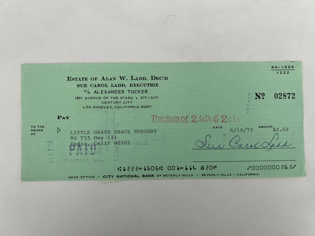 Sue Carol Ladd signed check