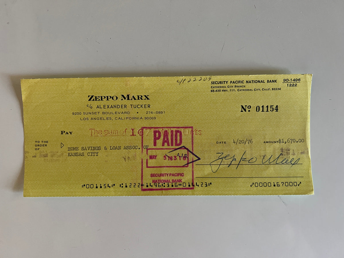 Zeppo Marx signed check