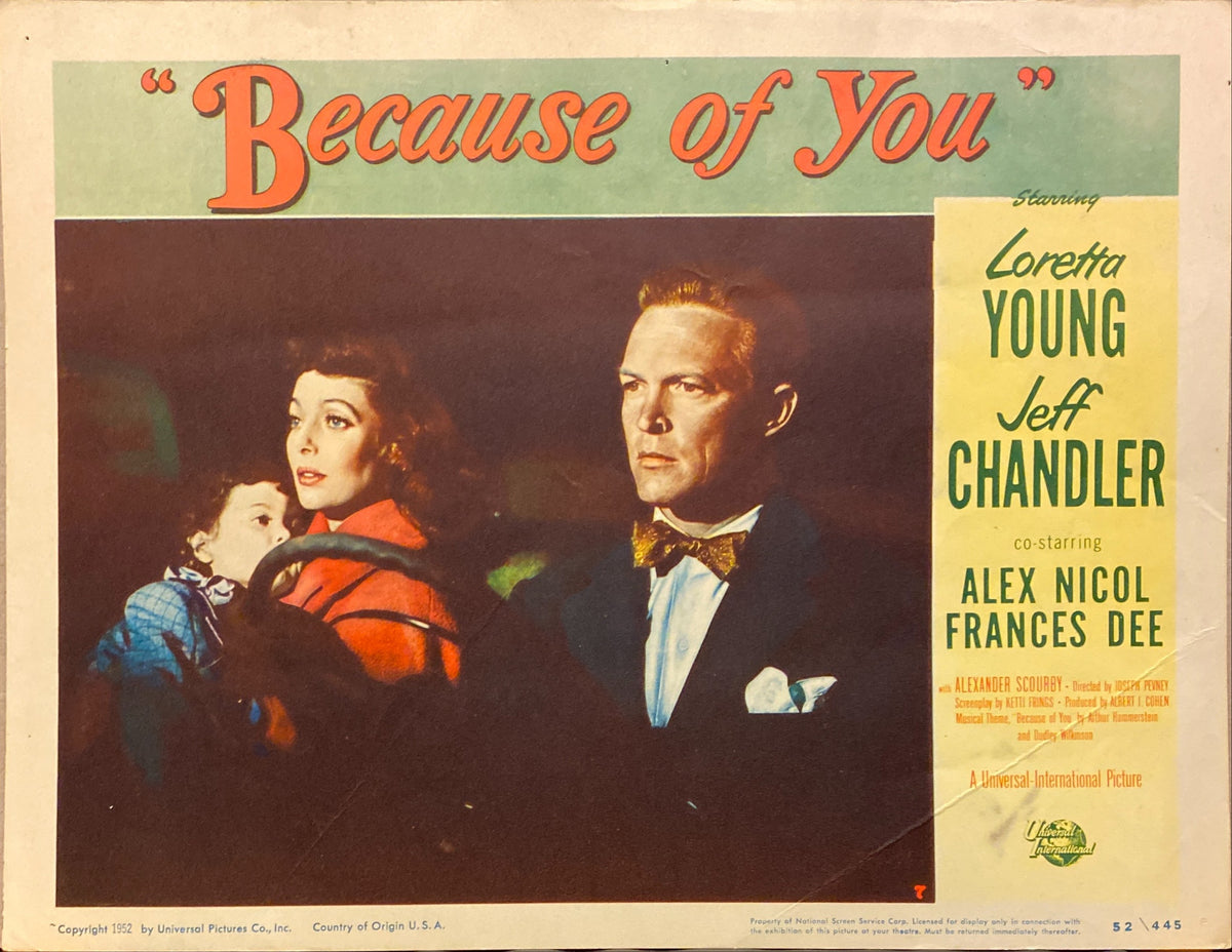 Loretta Young and Jeff Chandler "Because of You" original Lobby Card