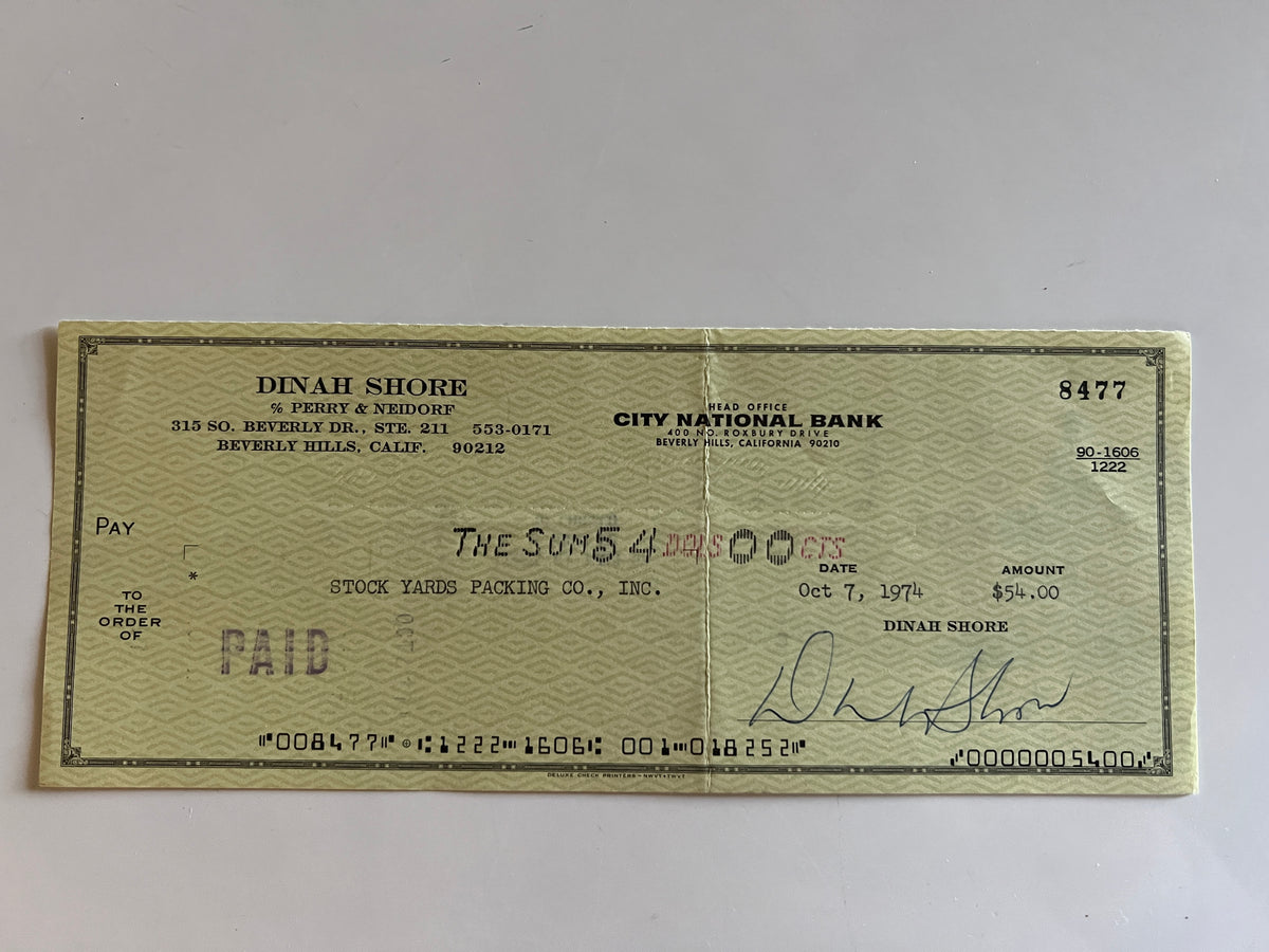 Dinah Shore signed check
