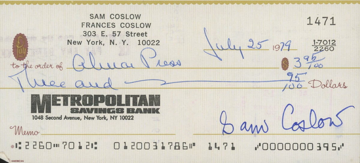 Sam Coslow signed check