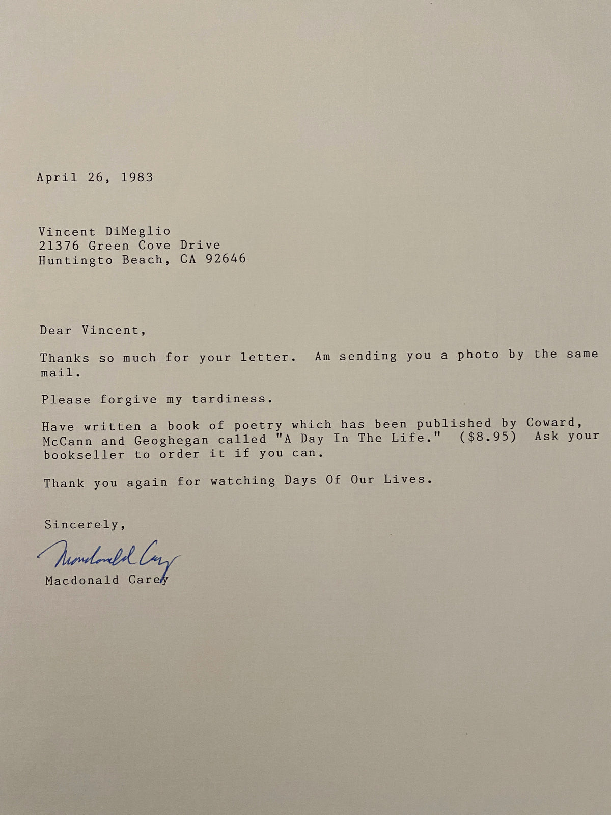 Streets of Laredo Macdonald Carey signed personal letter
