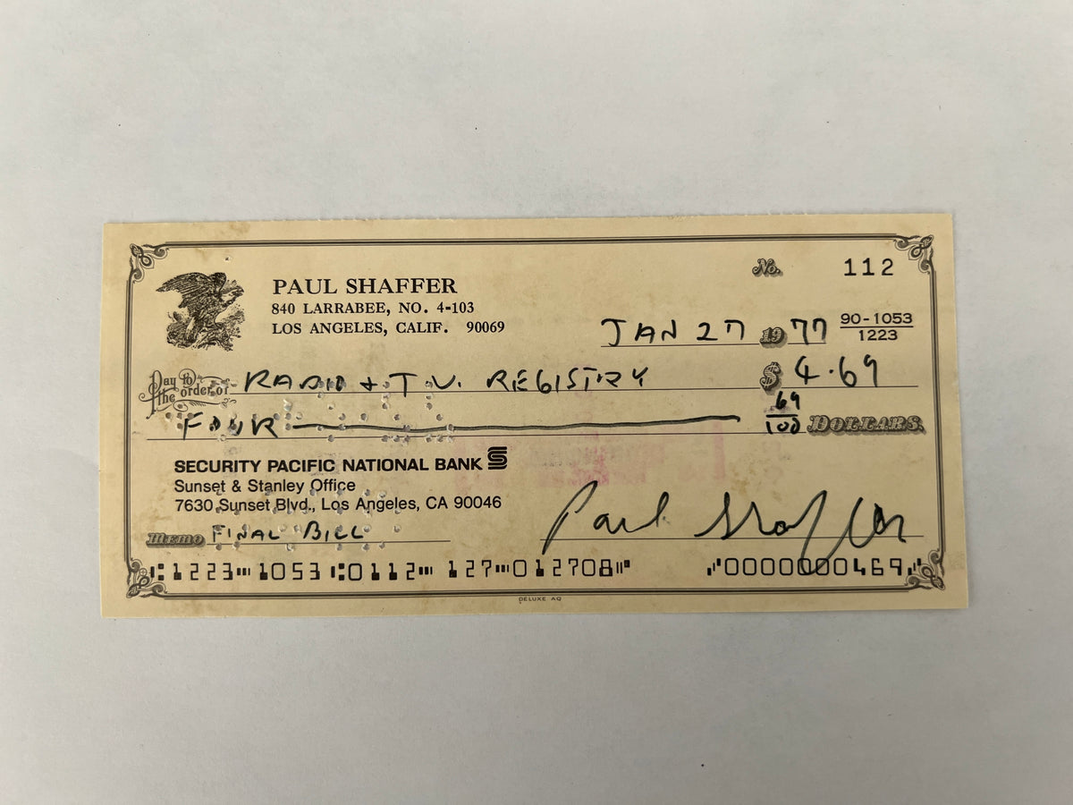 Paul Shaffer signed check