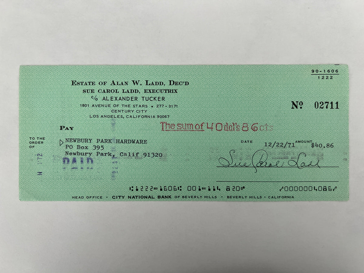 Sue Carol Ladd signed check